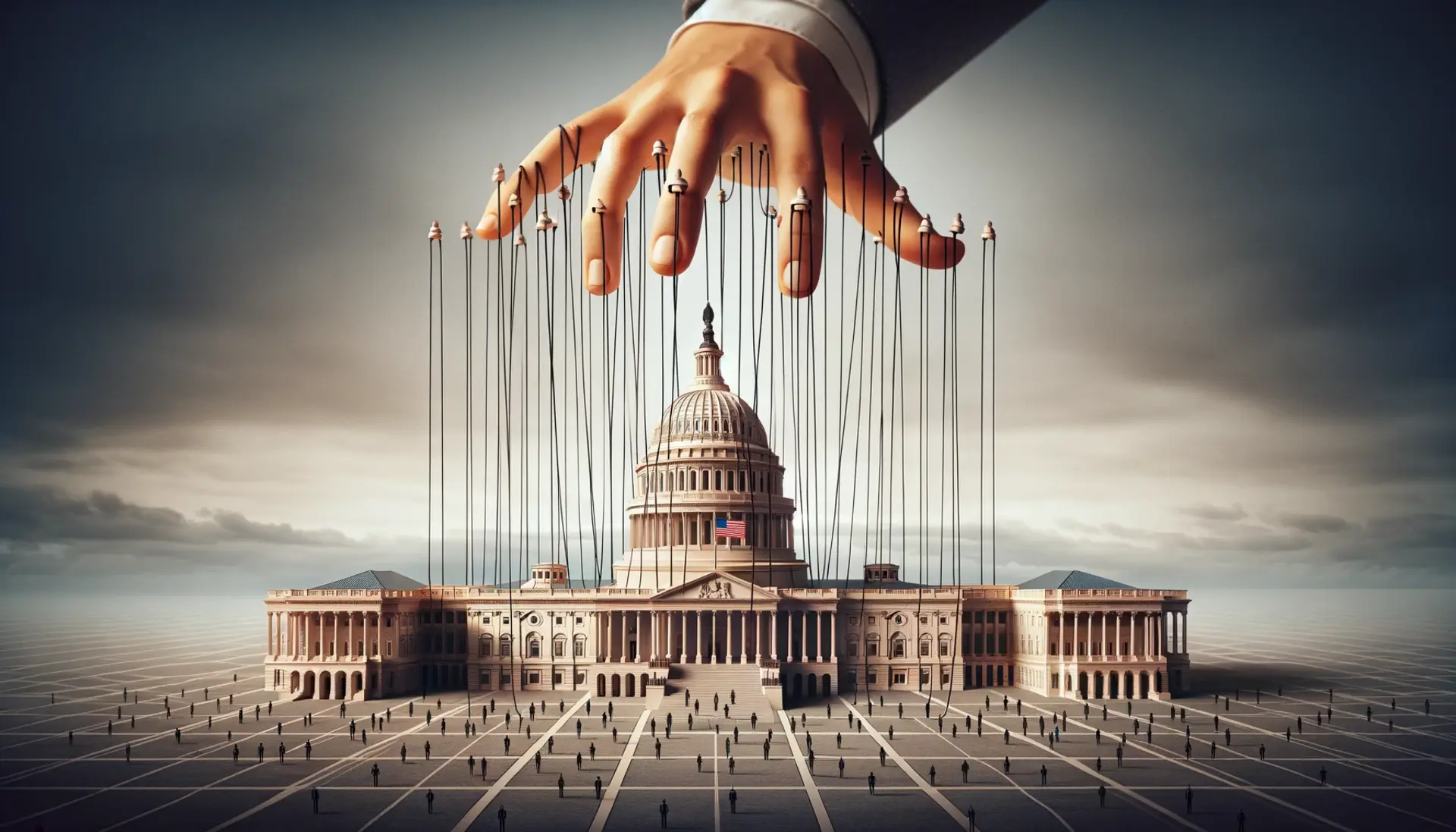 capitol building with strings attached to it controlled by a hidden hand, alluding to governmental propaganda