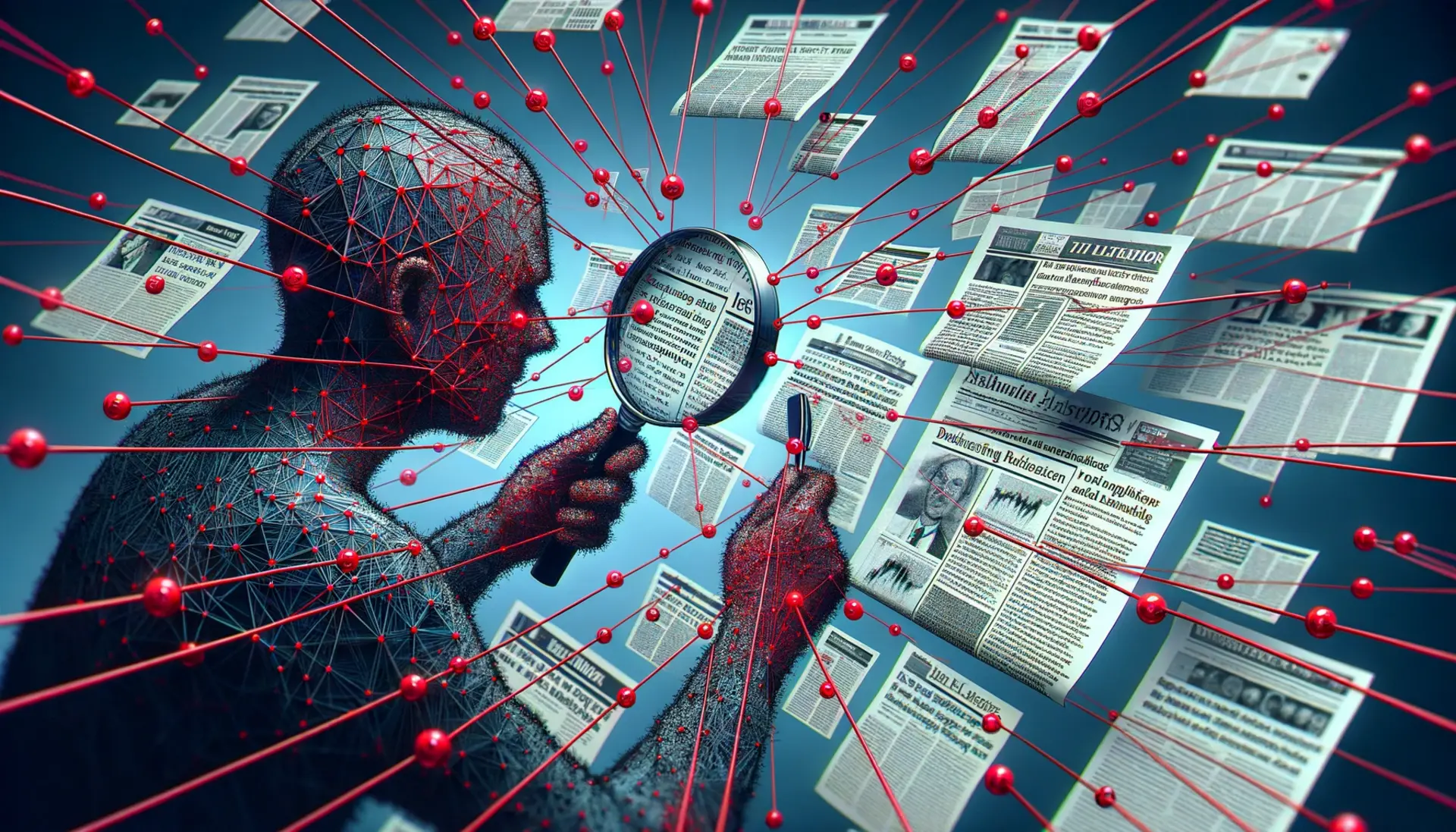 a person examining various news articles with a magnifying glass and red threads connecting different facts