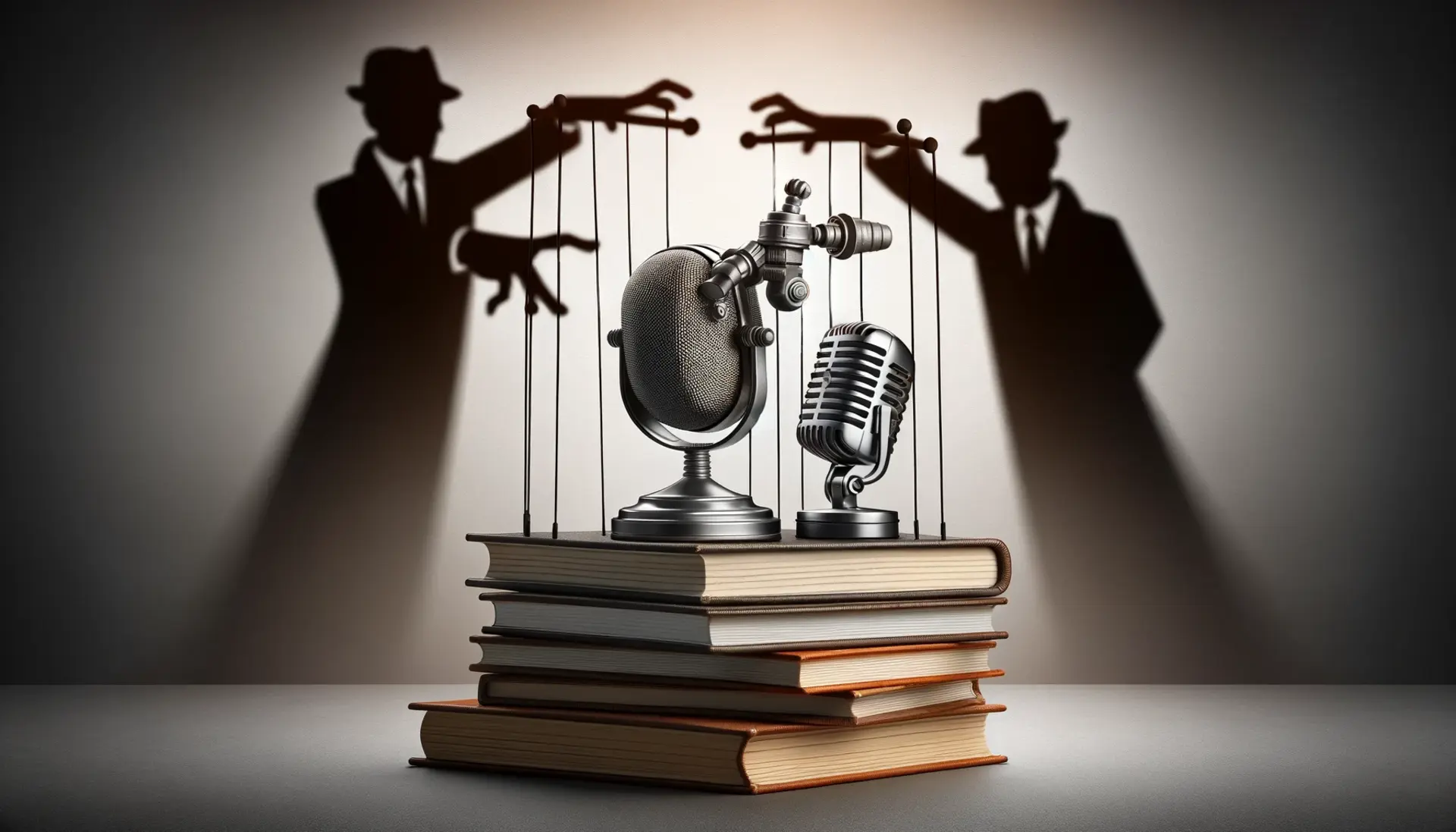 a vintage radio microphone and a stack of books, with a shadowy figure puppeteering them from behind