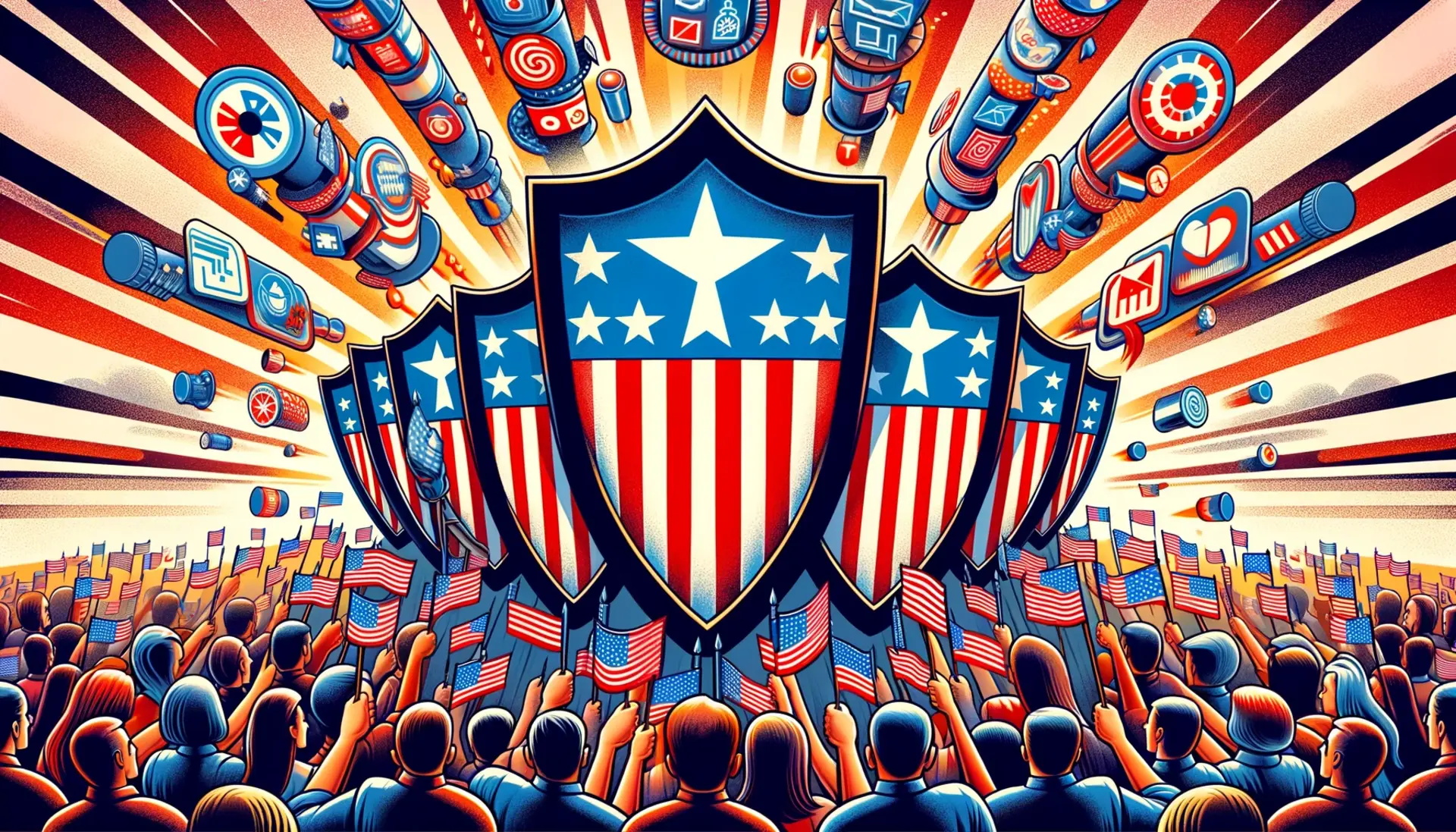 a group of people holding shield emblems with American flags forming a barrier against a barrage of propaganda messages