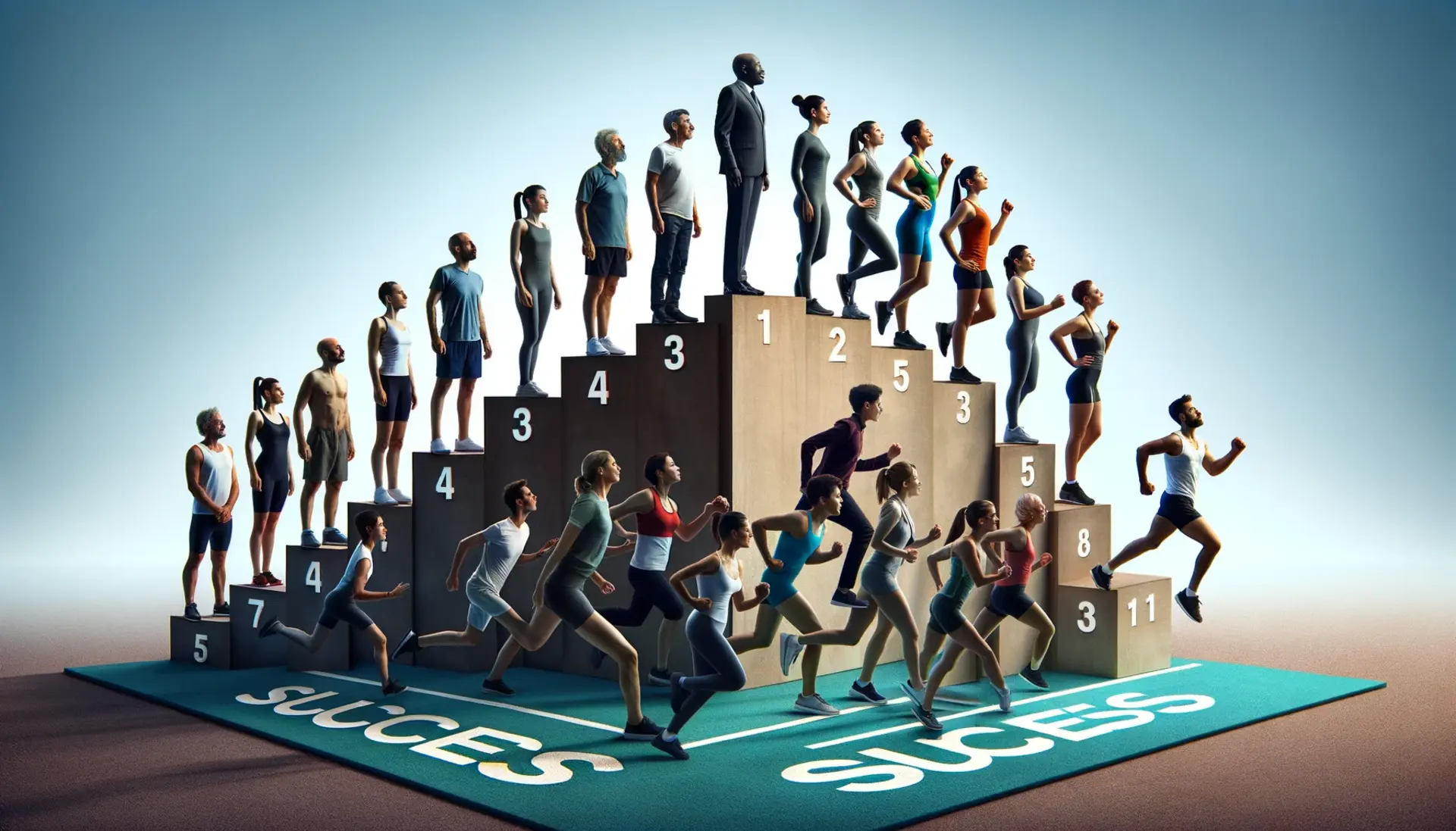 A conceptual image of a diverse group of individuals with different heights standing on an uneven podium, striving to reach a common finish line