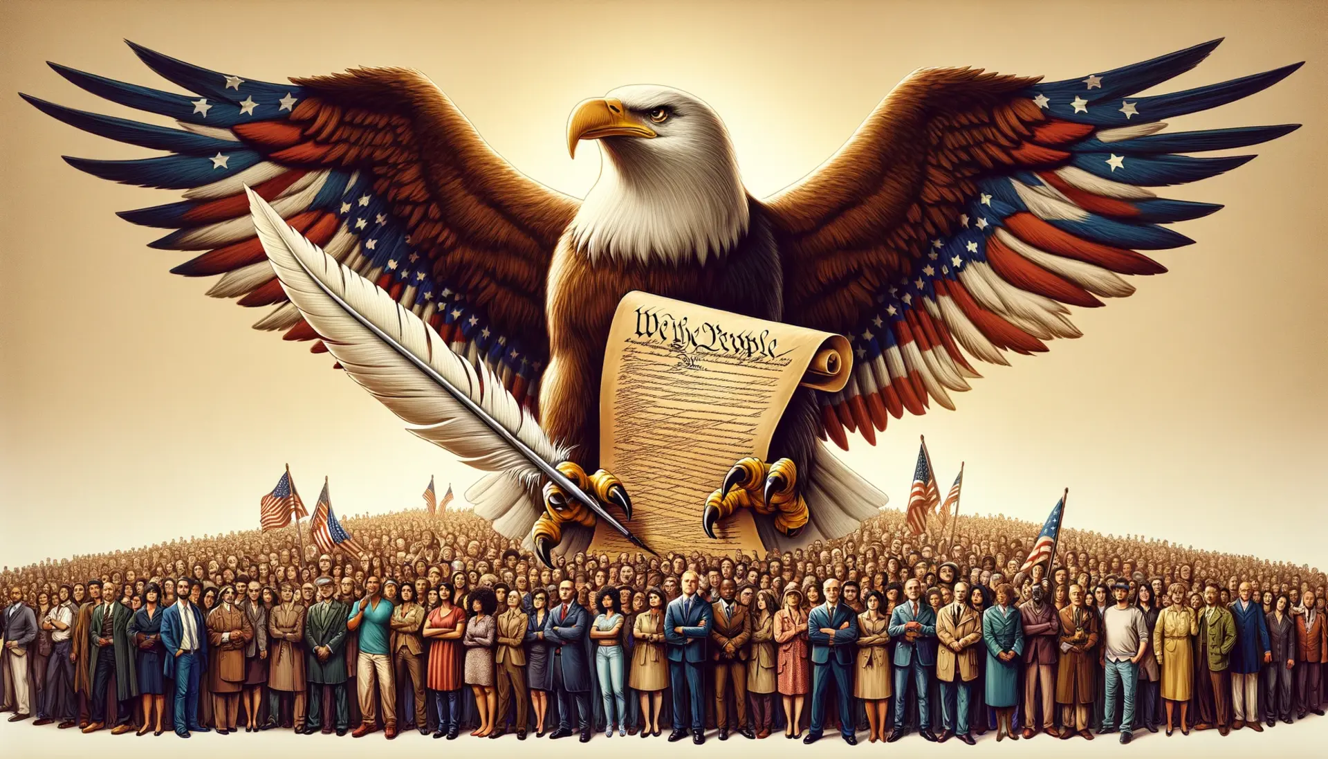 A powerful eagle holding a quill and parchment in its talons, symbolizing the Constitution, with a diverse crowd of people supporting it from below.