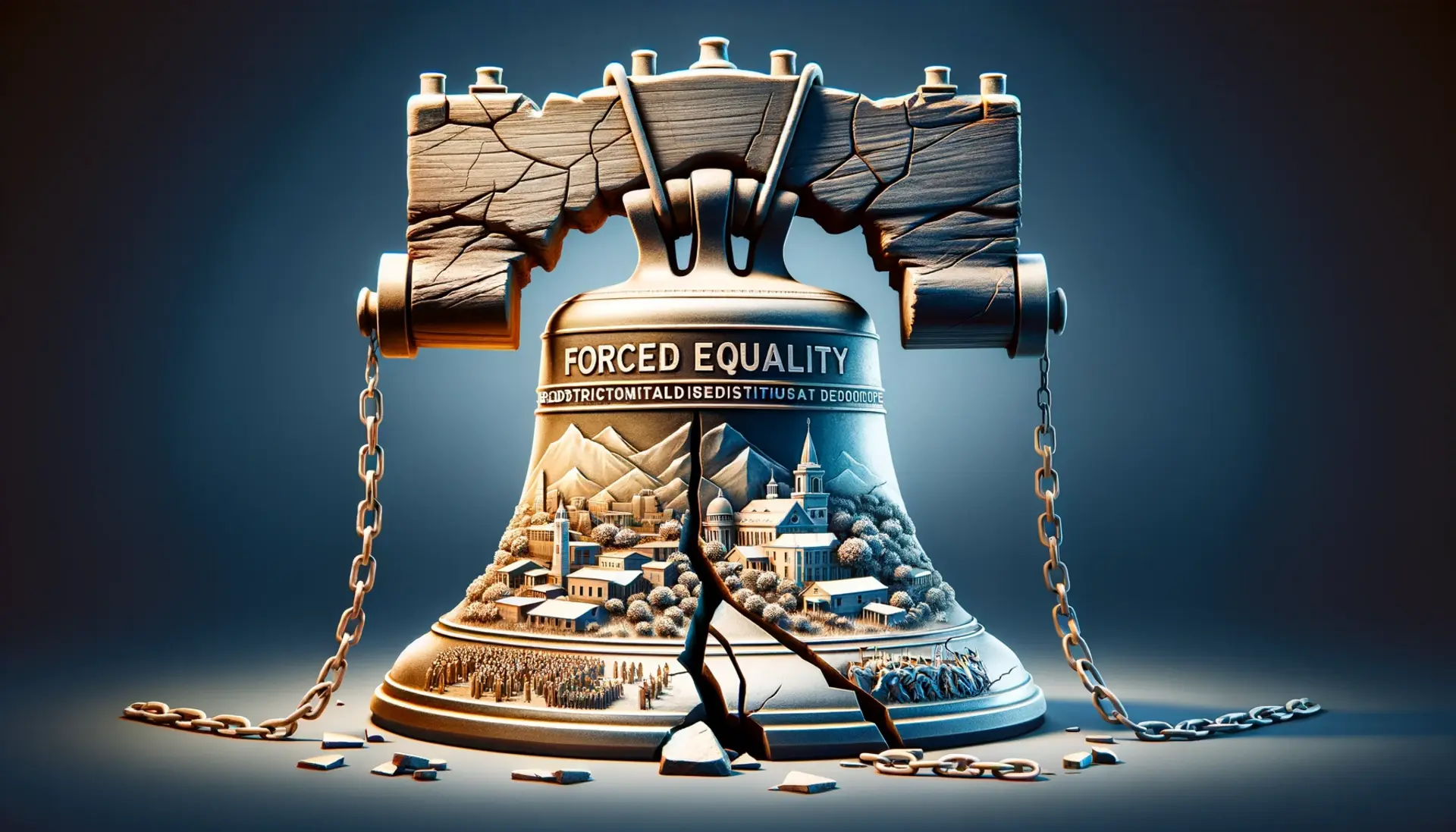 Liberty Bell with phrases like 'forced equality' and 'redistribution' on the cracks, surrounded by a divide between rich and poor communities.