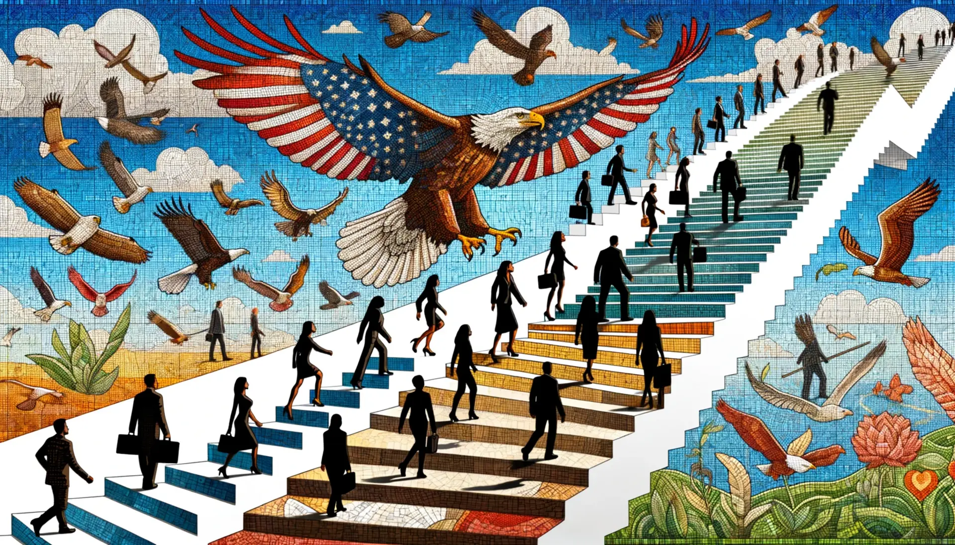 A mosaic of individuals from various professions each stepping up their own staircase towards an American eagle soaring in the sky