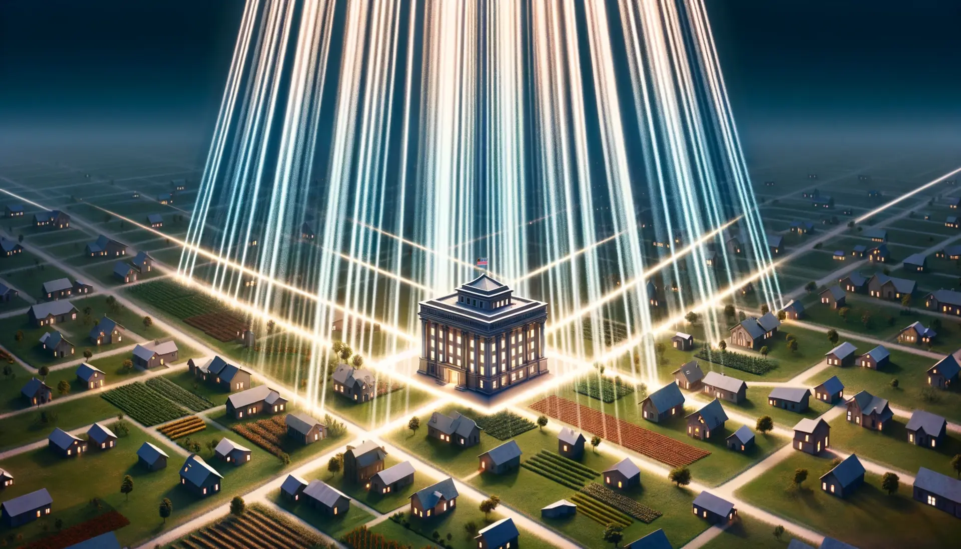 a small government building with beams of light radiating out, reaching homes and businesses in an expansive landscape