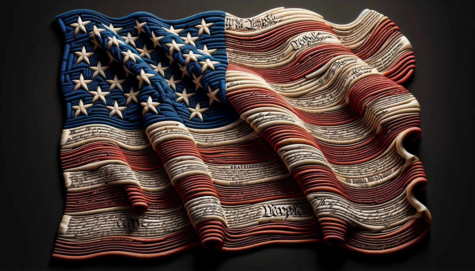 American flag woven together with words from the Constitution and the Bill of Rights.
