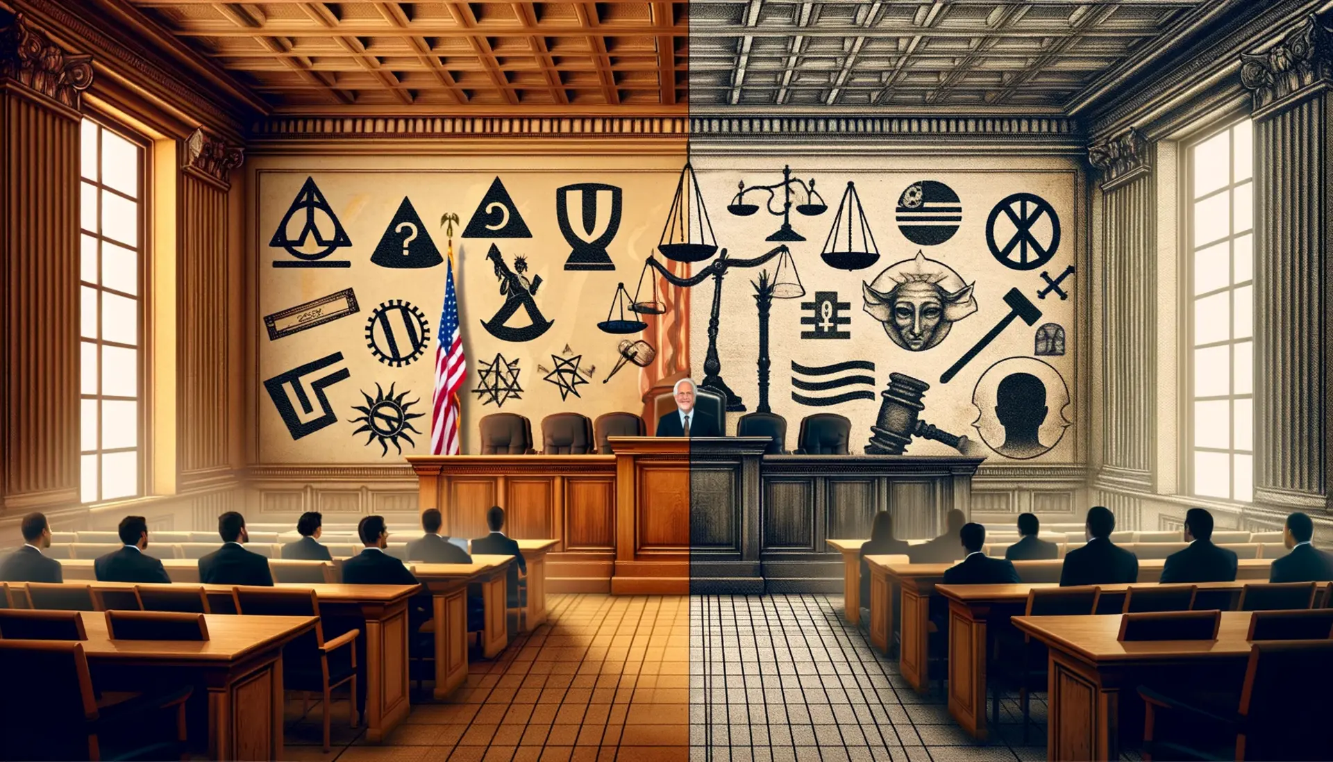 American courtroom on one side and a courtroom with ideological symbols on the other.