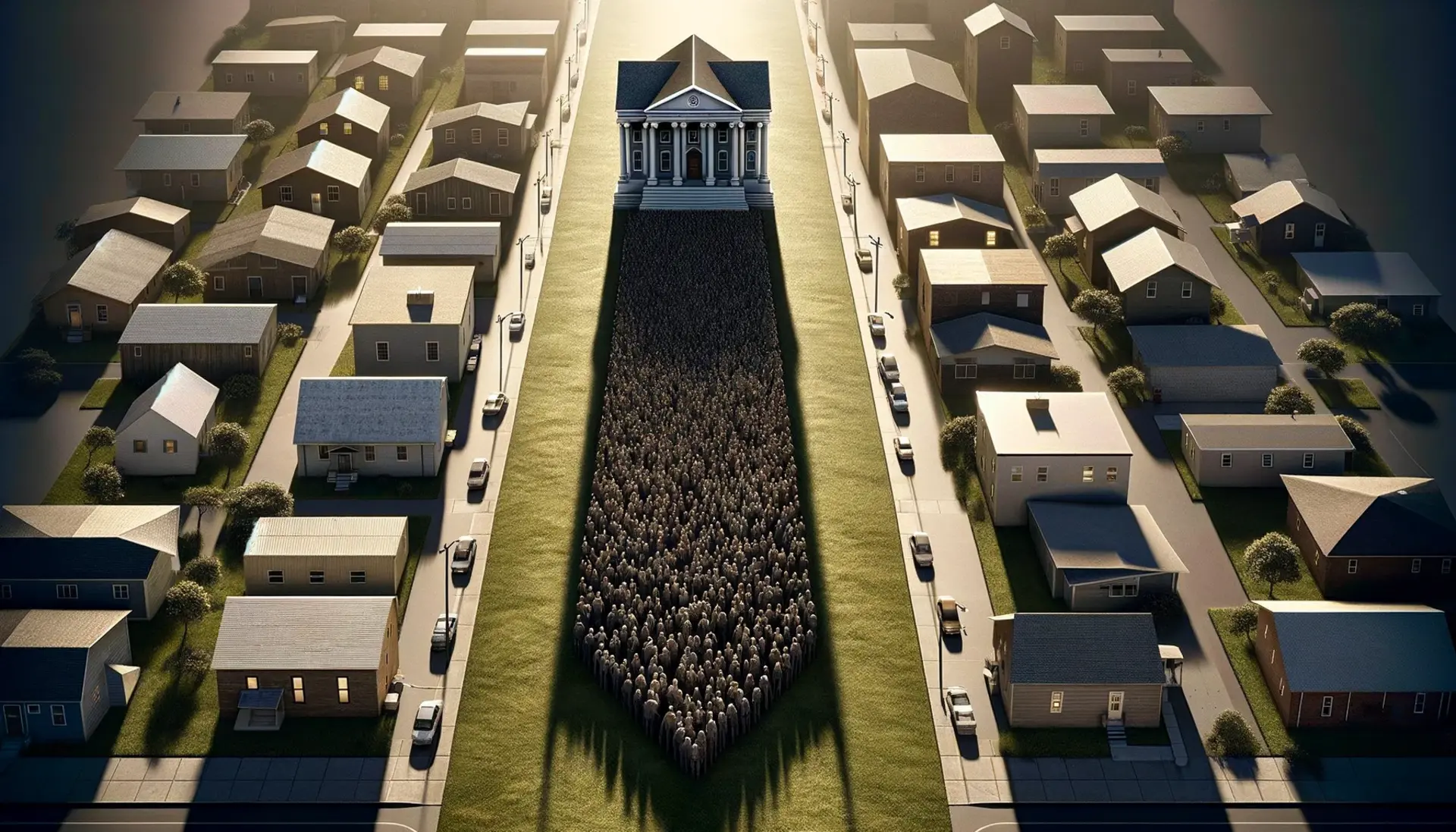 a community split in two, with a courthouse casting a long shadow dividing the two sides