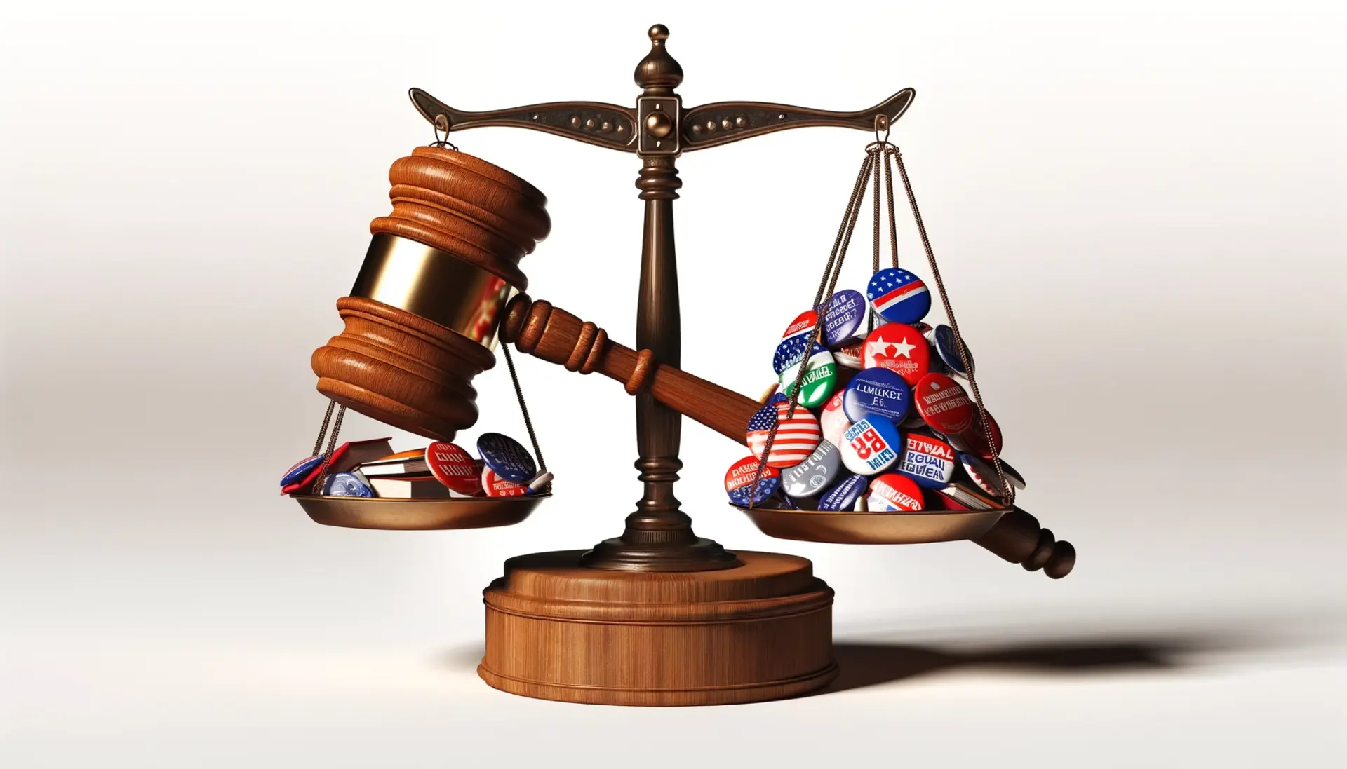 a gavel coming down on a scale that’s tipped with political campaign buttons instead of legal books