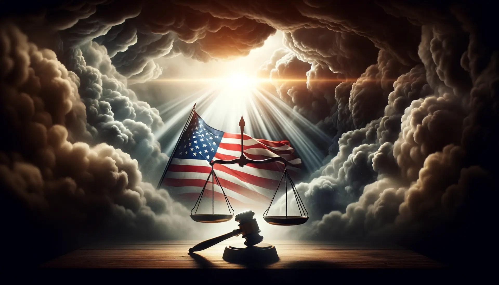a bright beam of light breaking through dark clouds over a balanced justice scale and a waving American flag