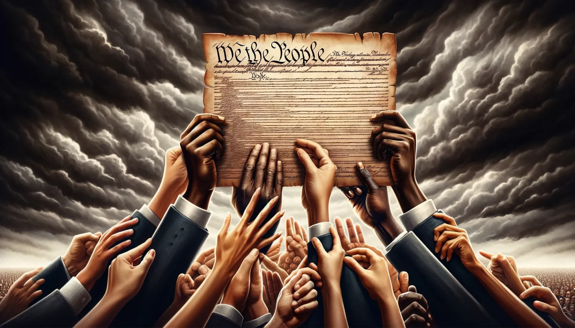 hands from diverse backgrounds holding up the American Constitution against a storm