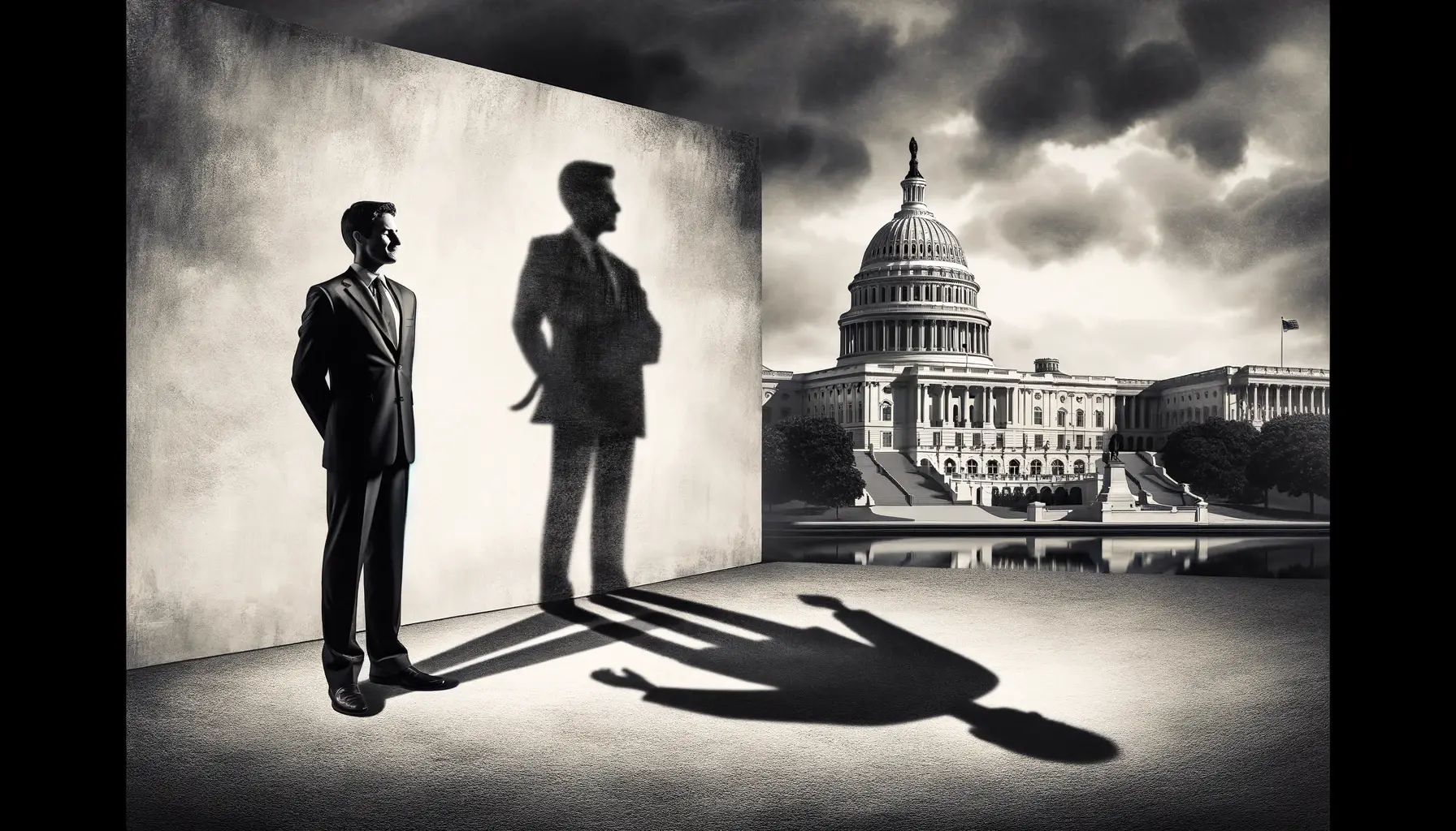 A figure in a suit casting two conflicting shadows—one comforting and one unsettling—against a backdrop of Capitol Hill, capturing the dual narratives around a political leader’s behavior.