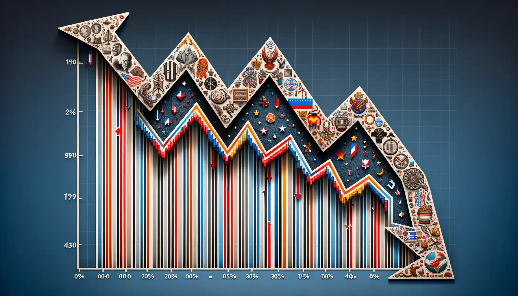 A graph with arrows plummeting, interwoven with diverse cultural symbols, depicting the decline in a leader’s polling among various communities.
