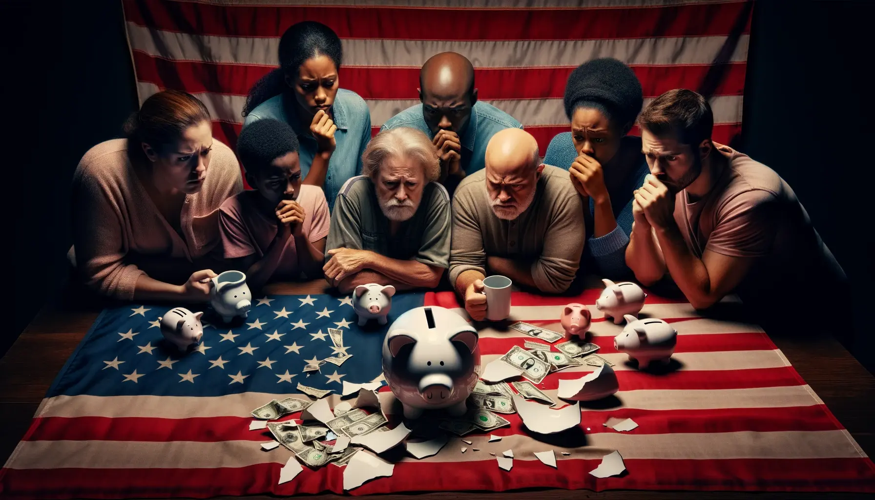 A struggling family looking at a broken piggy bank on an American flag, highlighting the impact of economic downturn on cultural well-being.