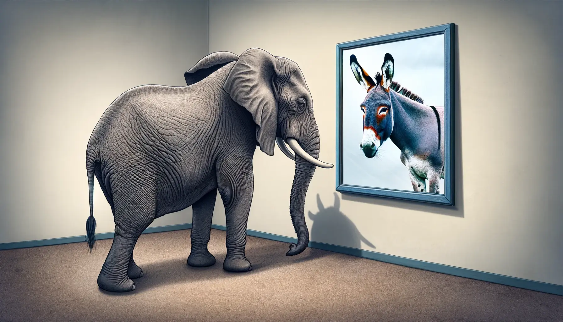 An image of an elephant staring into a mirror and seeing a donkey, symbolizing the bipartisan nature of ignoring misconduct in politics.