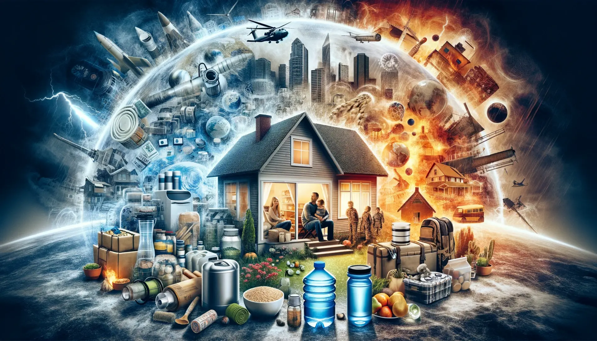 A montage of survival essentials like storable food, water filters, and a family in a secure home, surrounded by an aura of resilience against a chaotic world scene, depicting self-sufficiency and preparedness