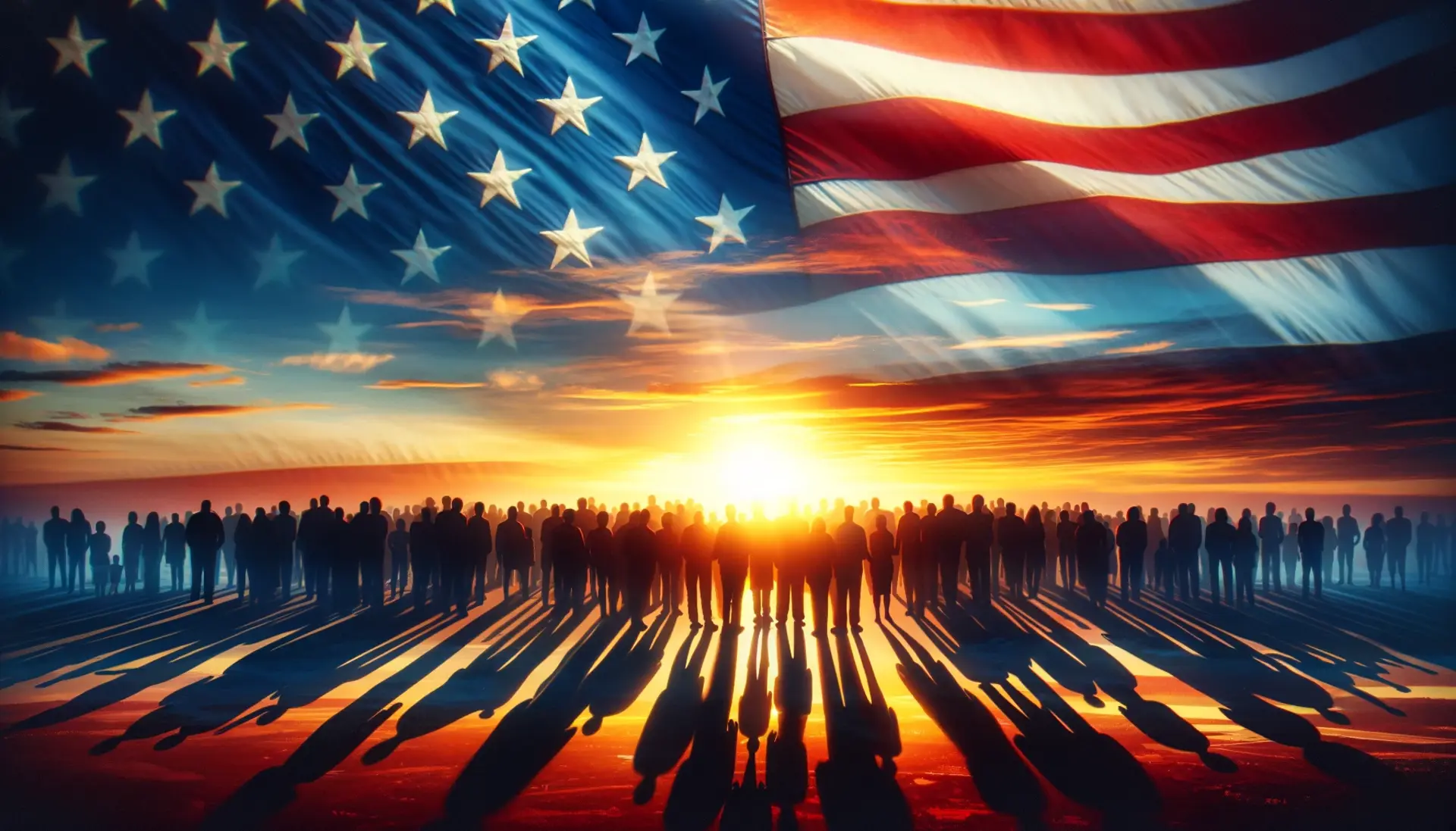 A sunrise cresting over the horizon viewed through a transparent American flag, conveying hope and a renewed call to defend freedom, with a united group of silhouetted figures standing shoulder to shoulder