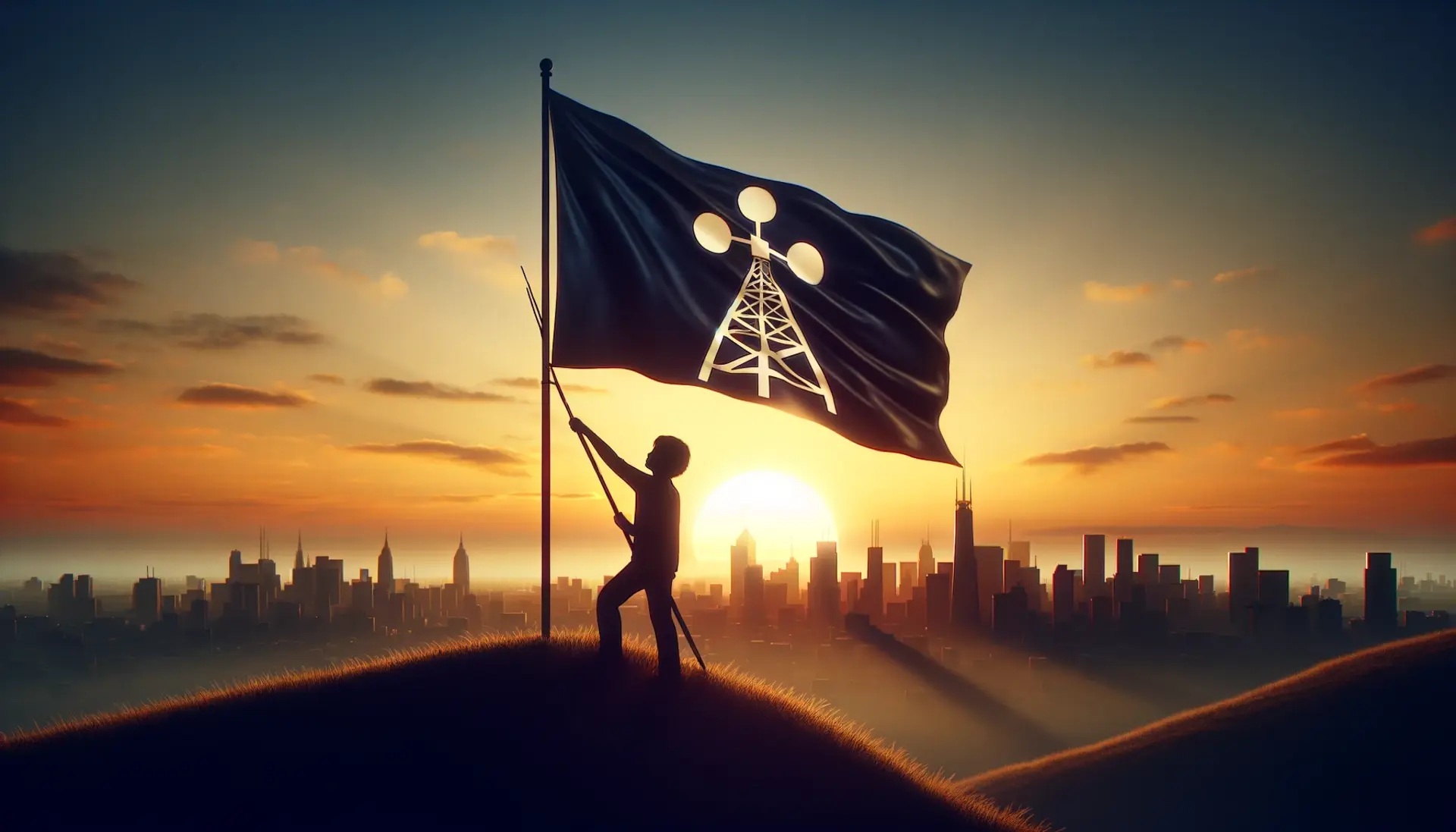 A silhouette of a person standing atop a hill, planting a flag with a symbol of an independent broadcast tower, overlooking a dawn skyline that represents the rising support for independent media