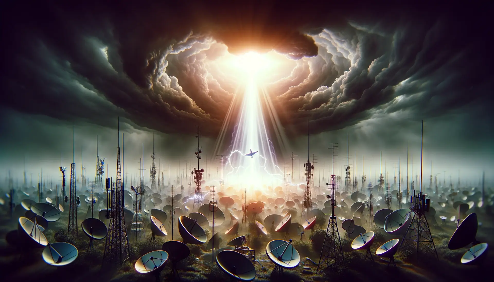 a powerful beacon of light breaking through a stormy sky over a landscape of television antennas and satellite dishes, symbolizing the influence of alternative narratives in the media landscape