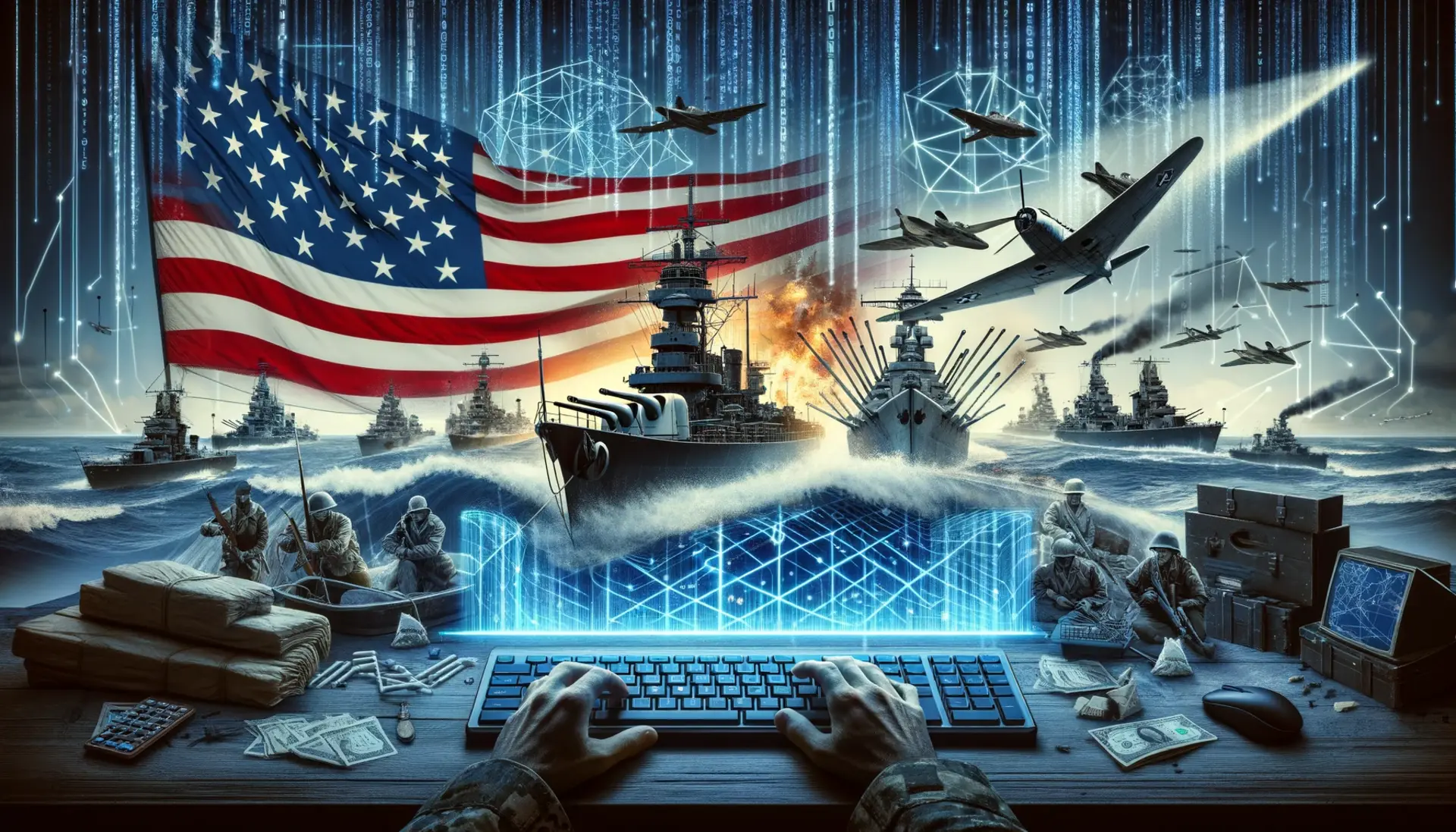 merging historical and modern warfare, featuring cyberspace elements like digital code and a keyboard with a backdrop of WWII planes and battleships to symbolize the evolution of false flag operations