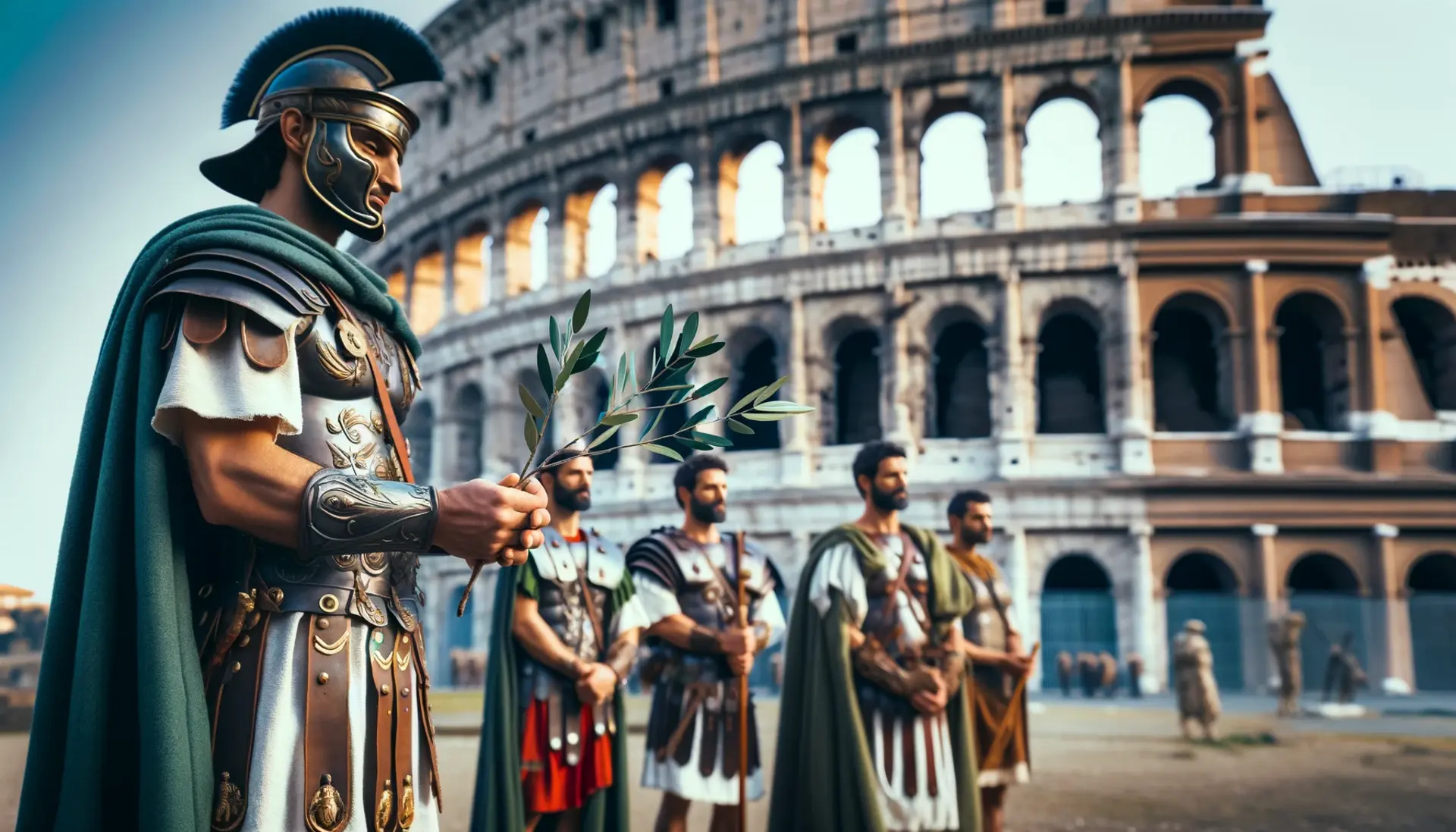 Ancient Roman soldiers holding an olive branch, standing guard by the Colosseum