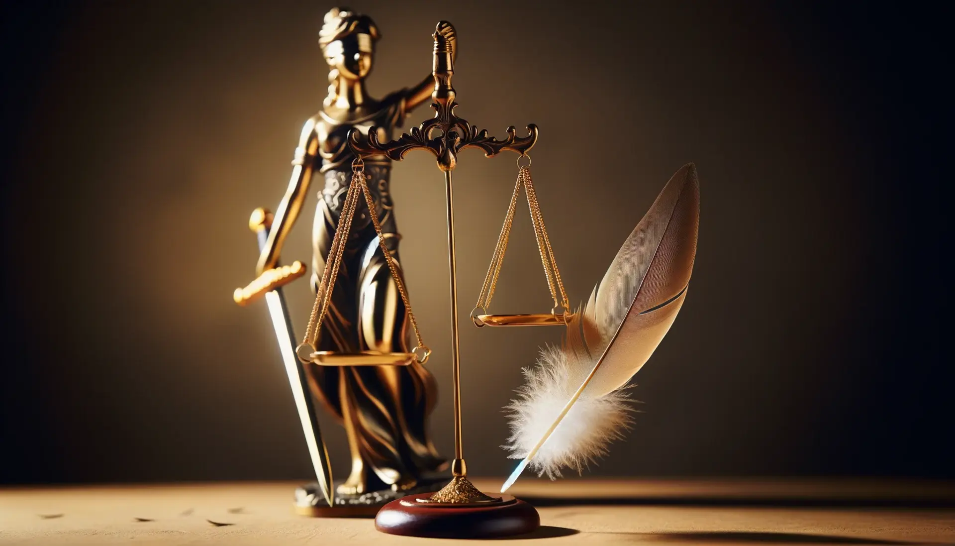 A golden scale balancing a feather and a sword under the auspices of Lady Justice