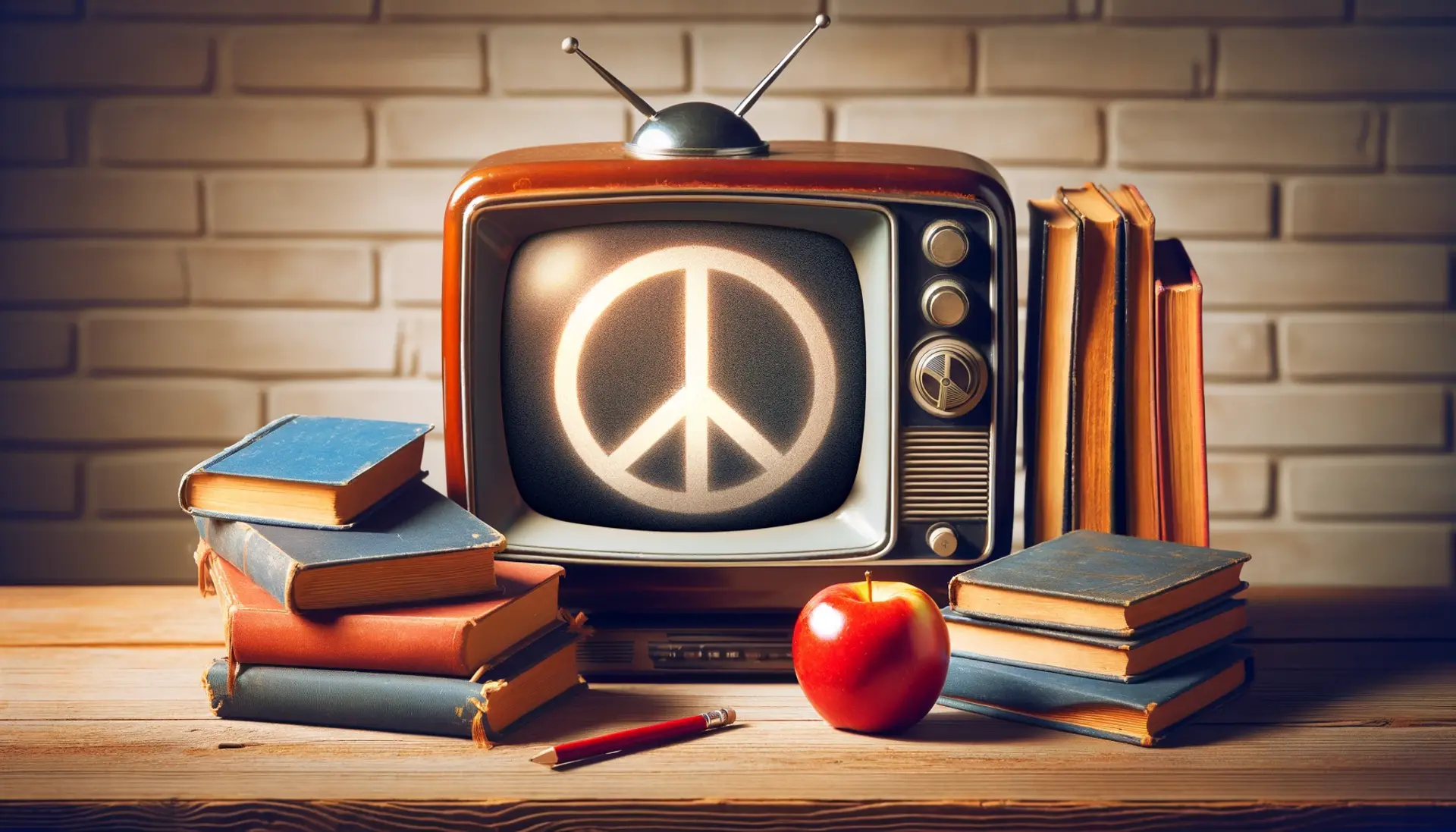Vintage television displaying a peace symbol while books and an apple rest on a desk beside it