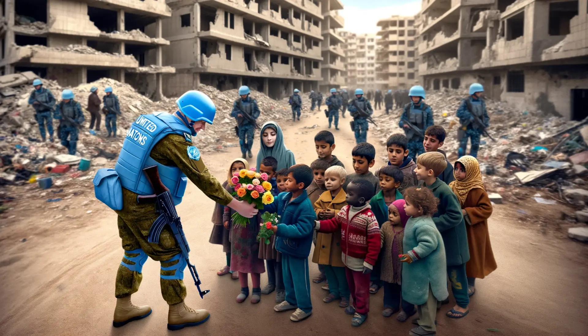 A United Nations peacekeeping soldier handing out flowers to children in a war-torn city