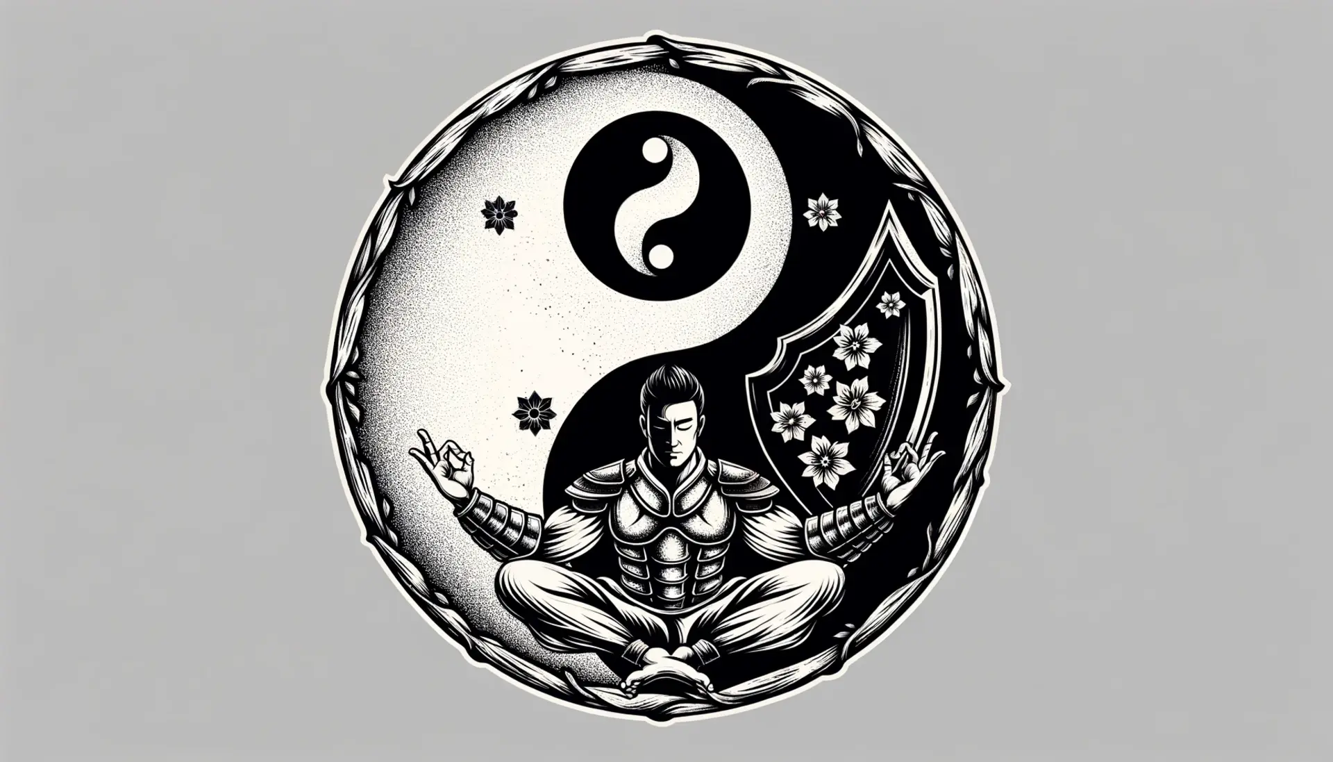 A yin-yang symbol with one side depicting a meditating martial artist and the other side a shield