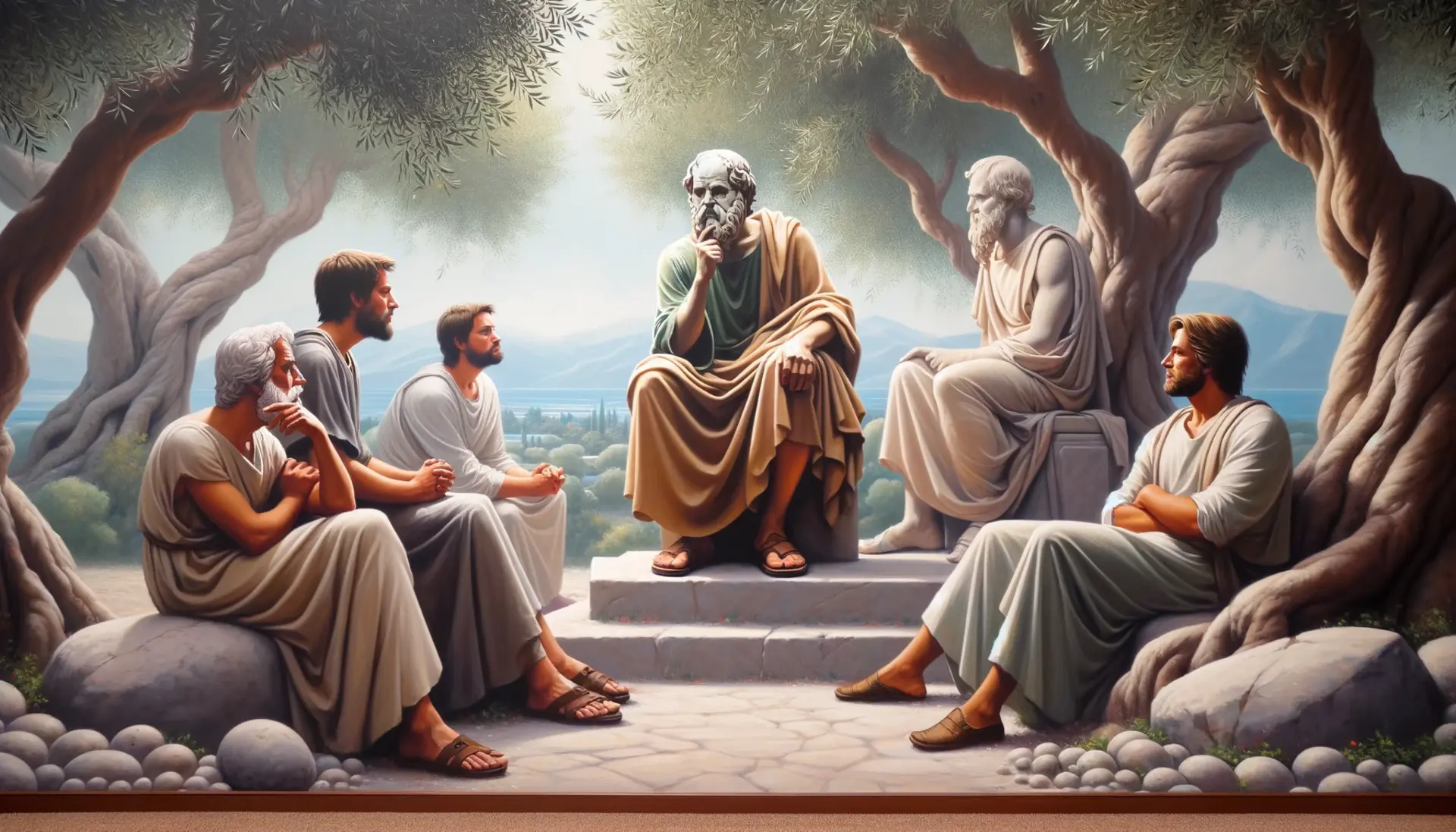 A figure of Socrates in dialogue with modern thinkers under the olive trees