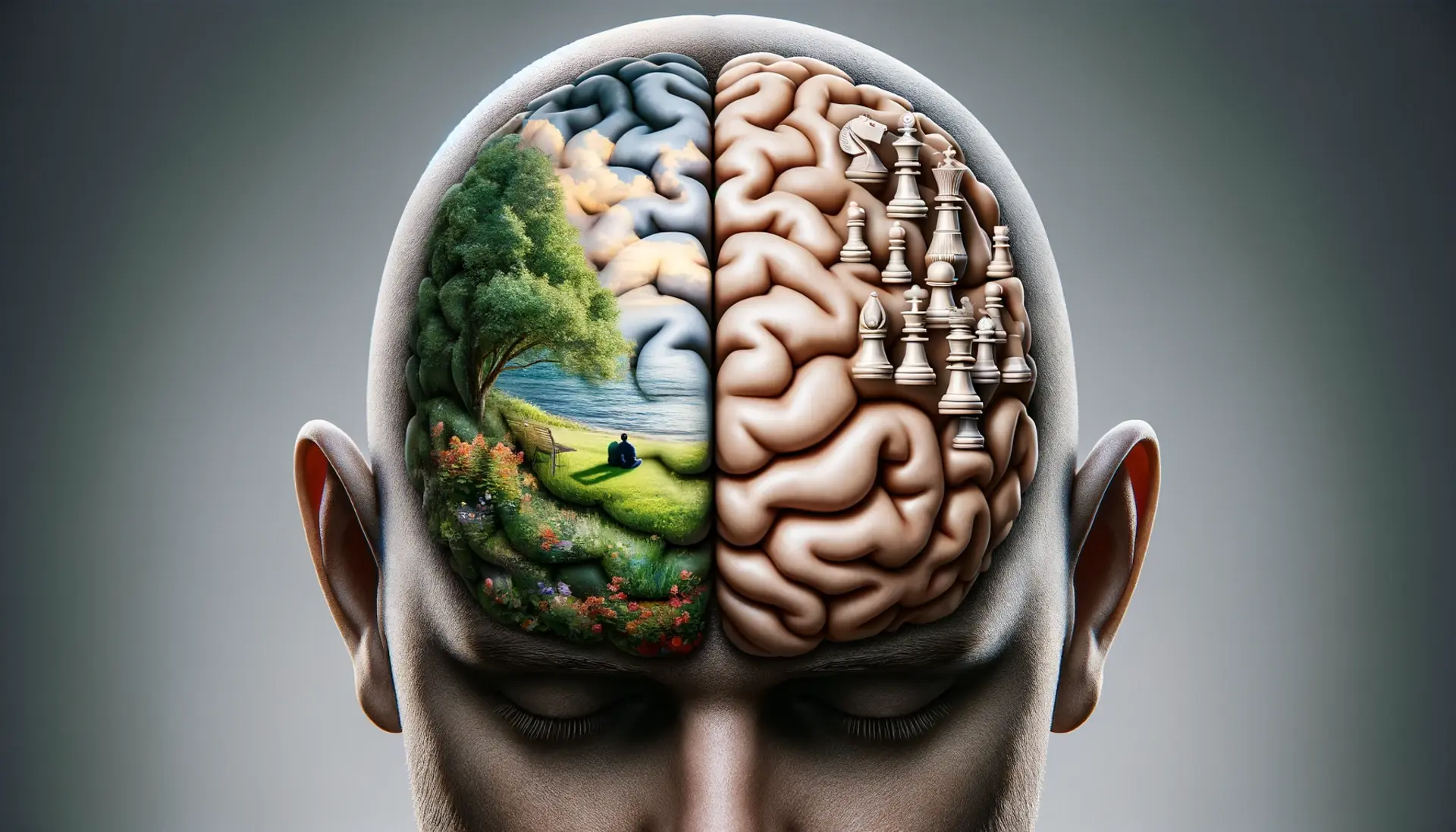 Human brain halves, one with peaceful nature scenery and the other with strategic chess pieces