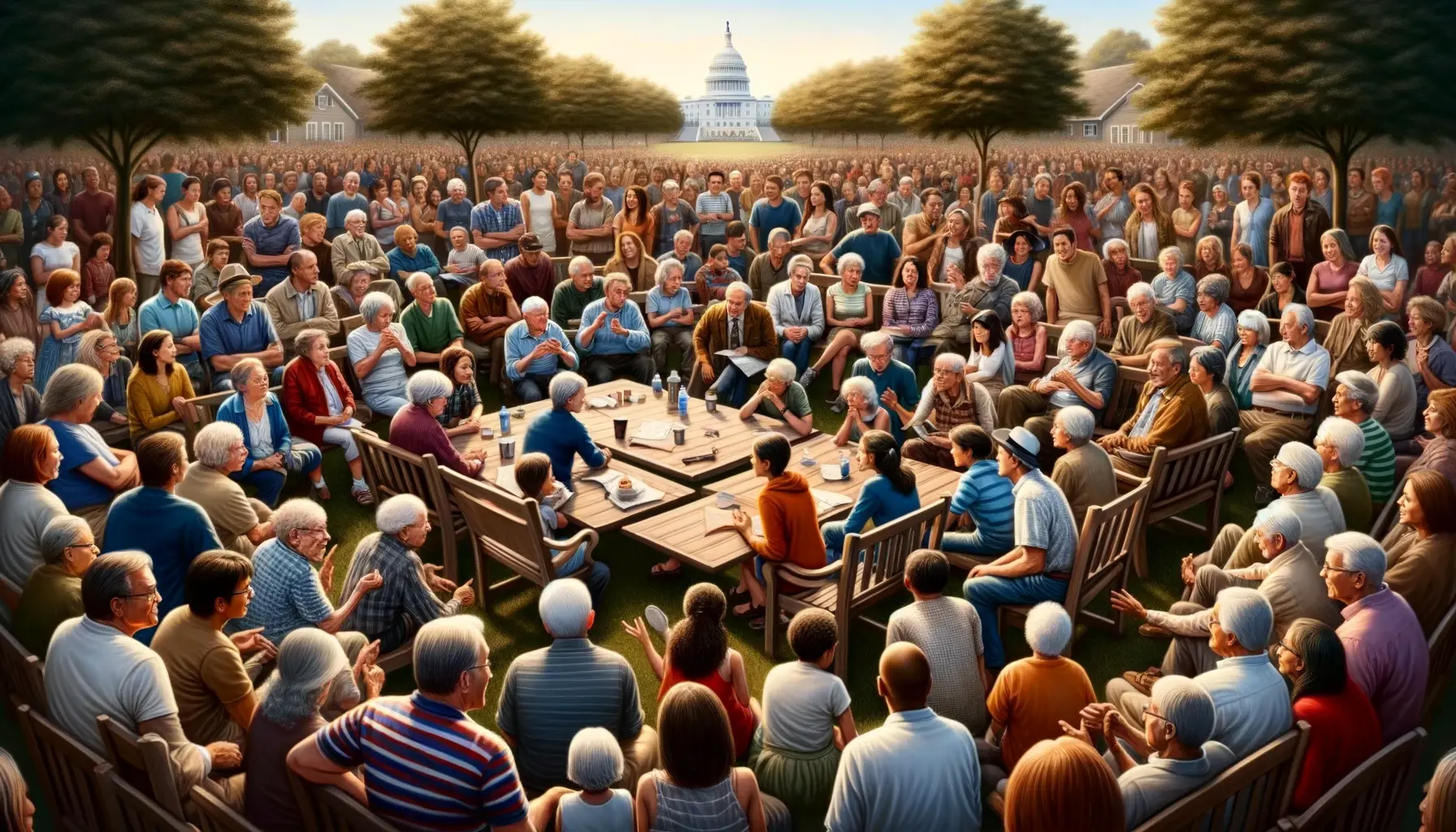 a community gathering, with individuals of all ages engaged in a spirited discussion about constitutional rights and principles.