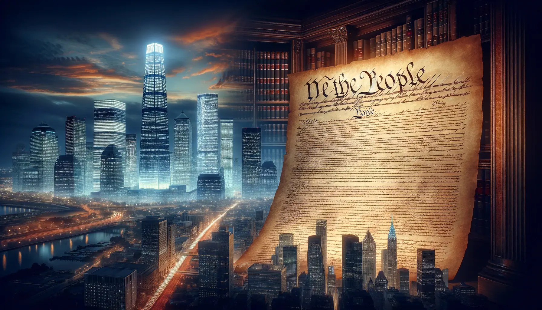  the United States Constitution against a modern city skyline, symbolizing its enduring relevance in contemporary governance.