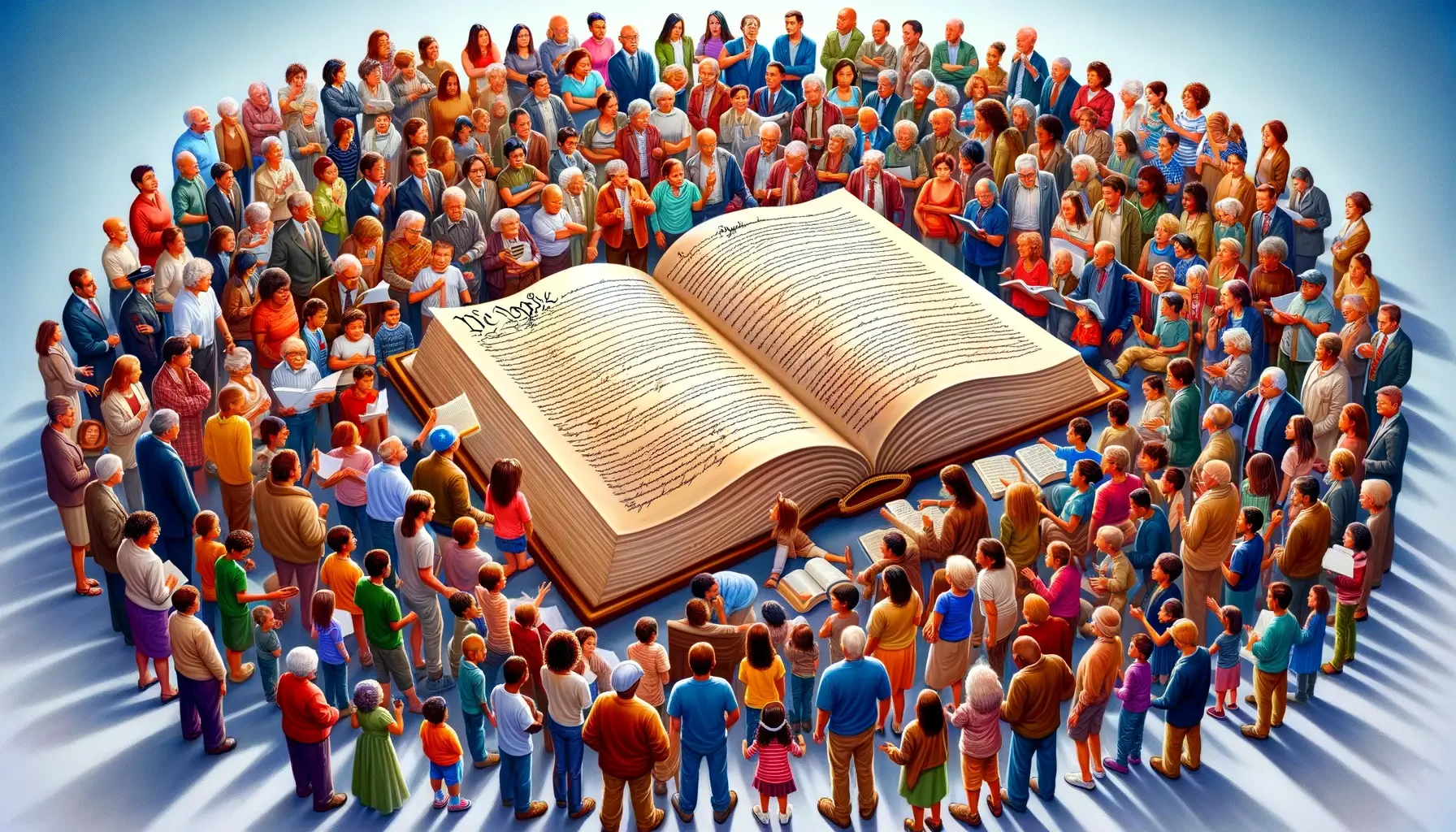 a diverse group of people, from children to the elderly, engaged in learning about the Constitution around a large open book of its pages.