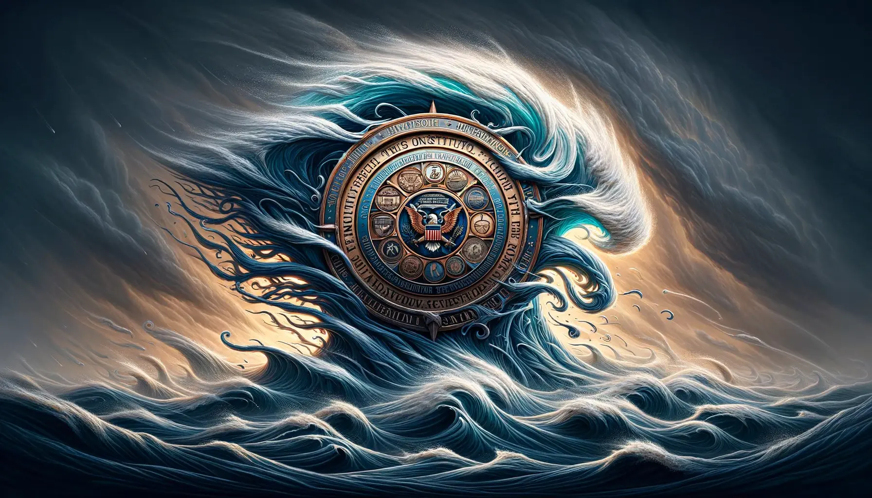 a shield representing Constitutional values standing strong amidst a storm of opposition.