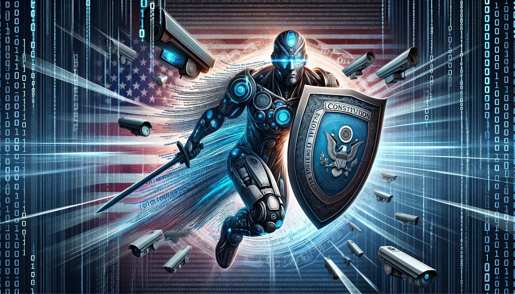 a symbolic representation of a digital warrior shielded by the Constitution, fighting against a backdrop of binary code and surveillance cameras.
