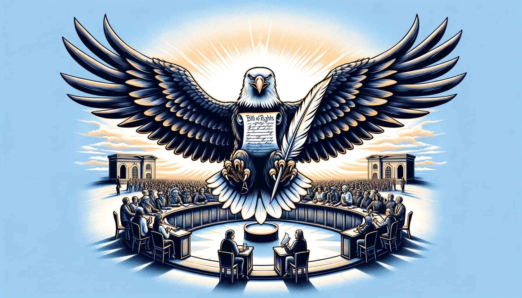 a symbolic eagle clutching a quill pen and the Bill of Rights, soaring over an open forum where people are engaged in civil discourse.