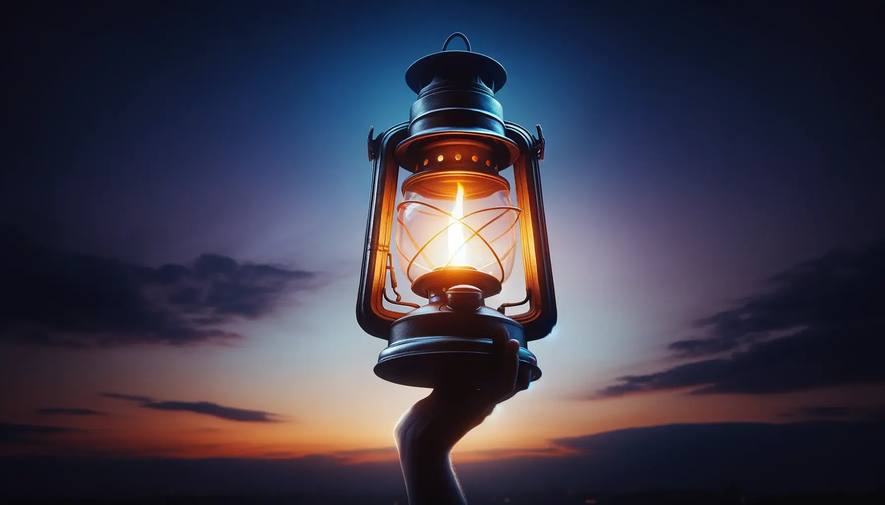 a raised lantern, symbolizing the guarded and enduring flame of liberty, against a twilight sky.