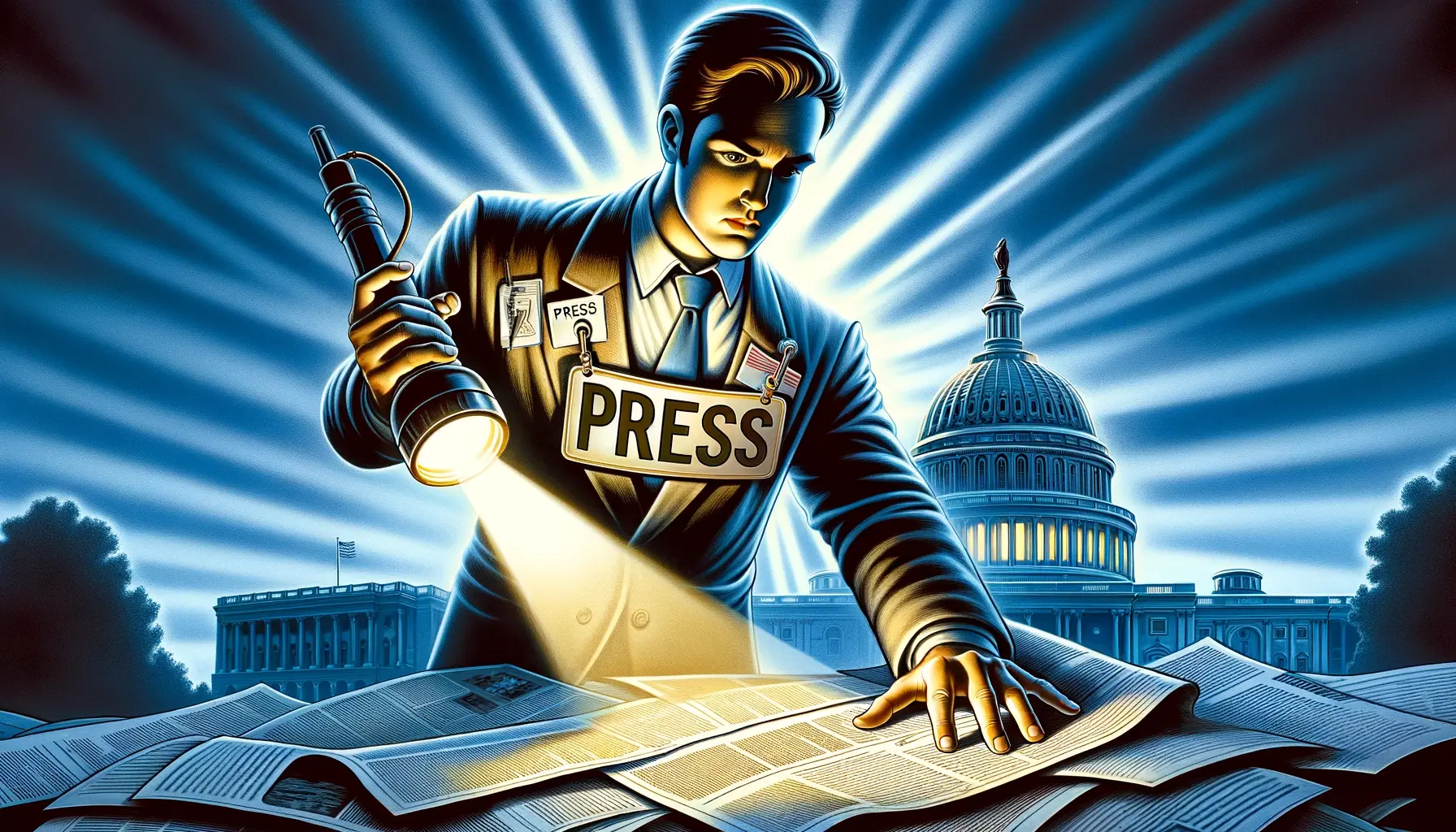 a brave journalist with a press badge, shining a light onto hidden documents, against a backdrop of the Capitol.