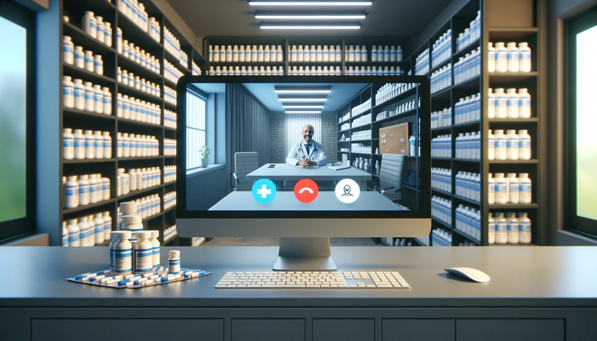 a computer screen with a telemedicine consultation in progress, with a shelf of fish antibiotics visible in the background