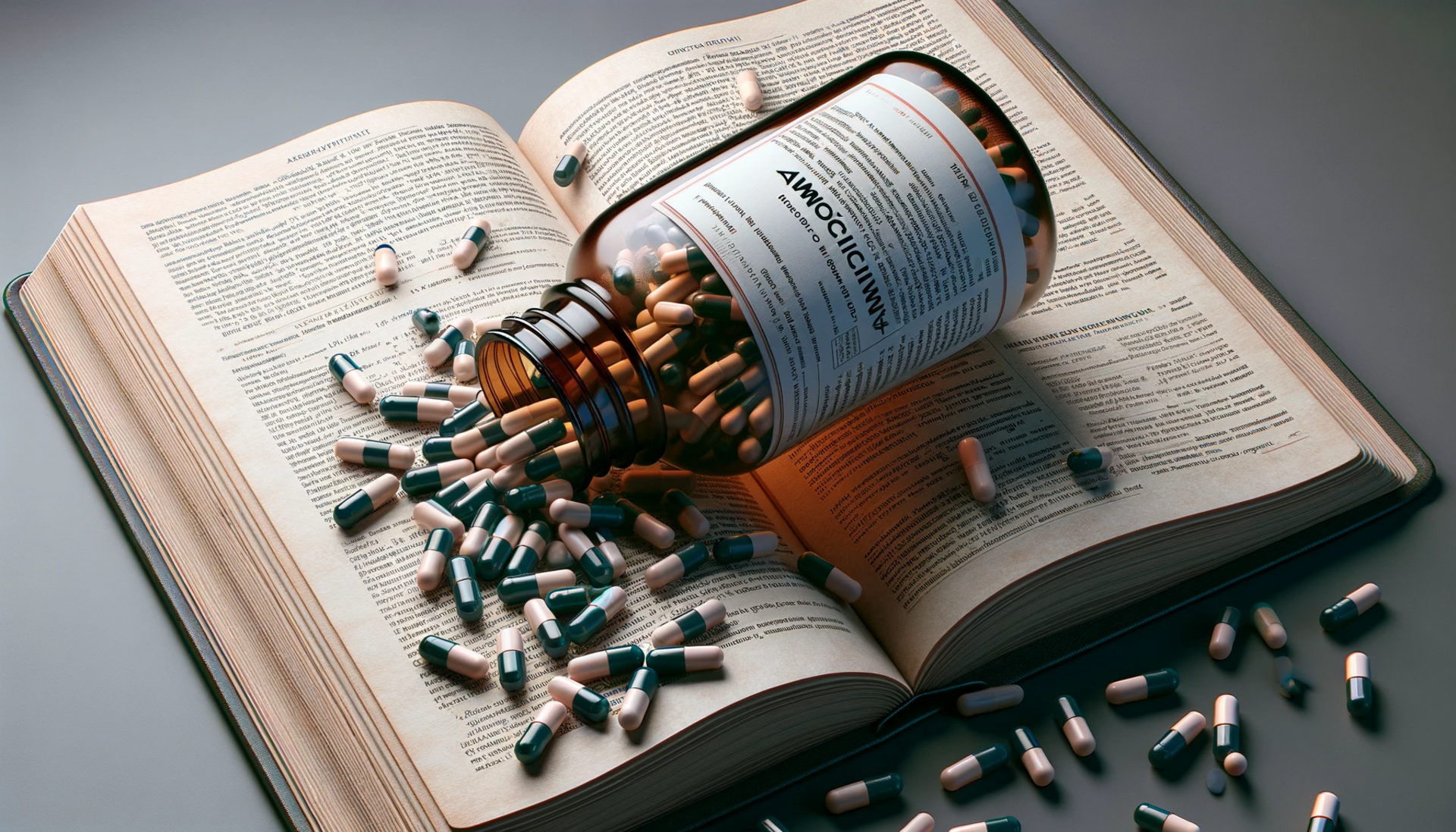  image of a bottle of Amoxicillin capsules spilling onto an open medical book referencing respiratory infections.
