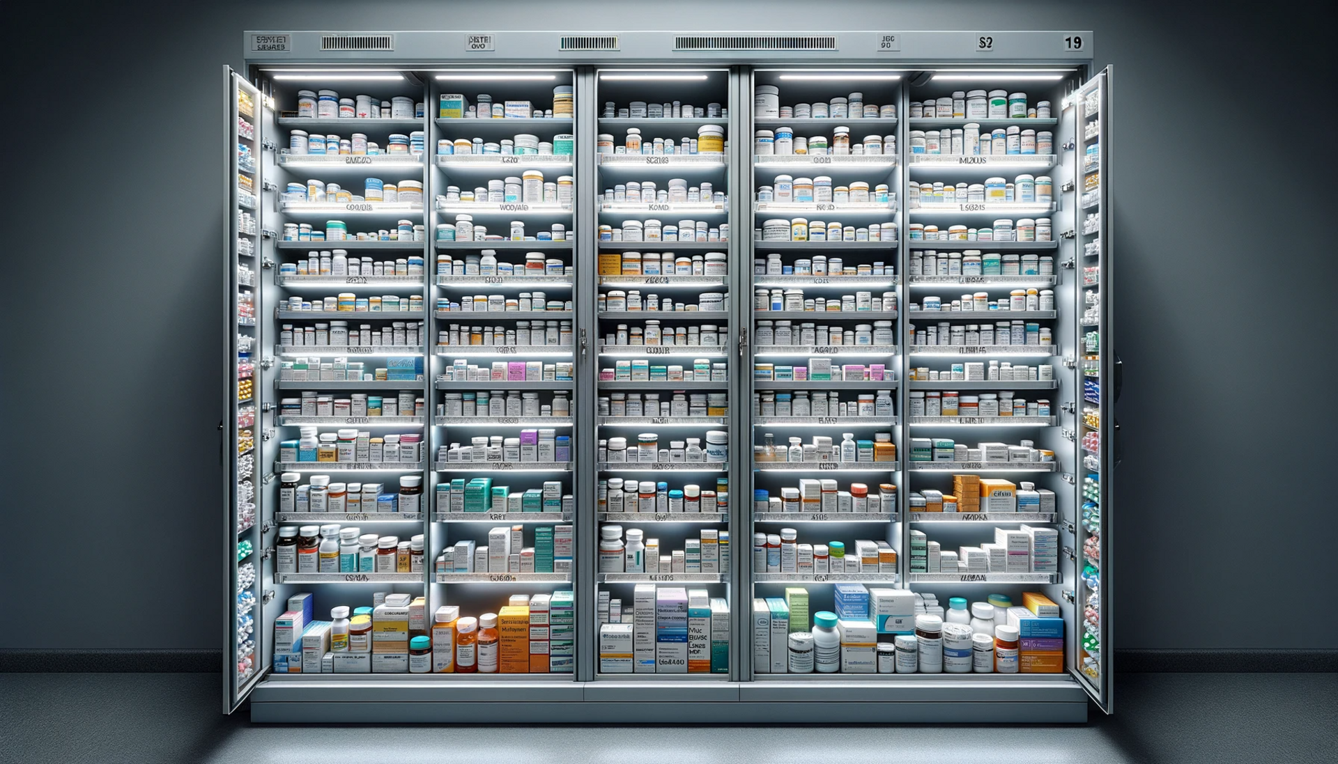 a well-organized, cool, and dry storage cabinet filled with various antibiotics, labeled and sorted for emergency use