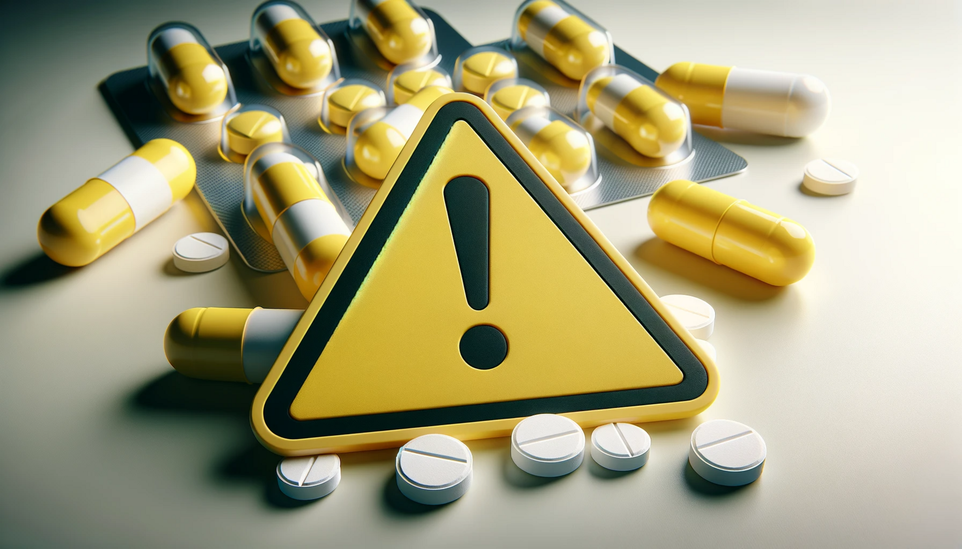 a warning label magnified next to antibiotic pills, emphasizing the importance of following medical instructions for usage