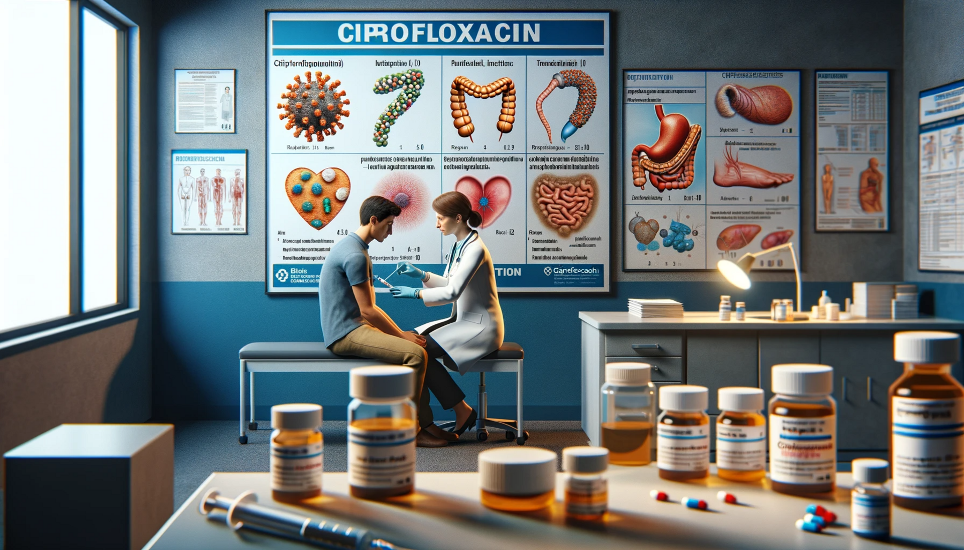 health clinic scene where Ciprofloxacin is being administered to a patient for a broad range of infections illustrated on a poster