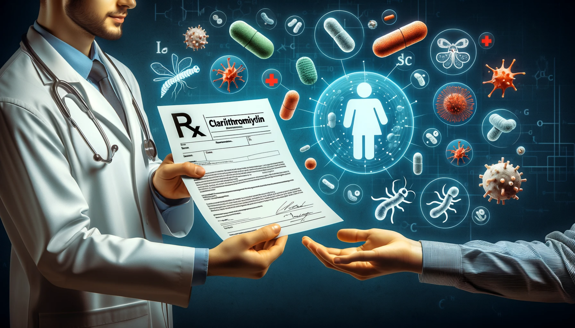 image of a doctor handing over a Clarithromycin prescription to a patient with various bacterial infection icons in the background