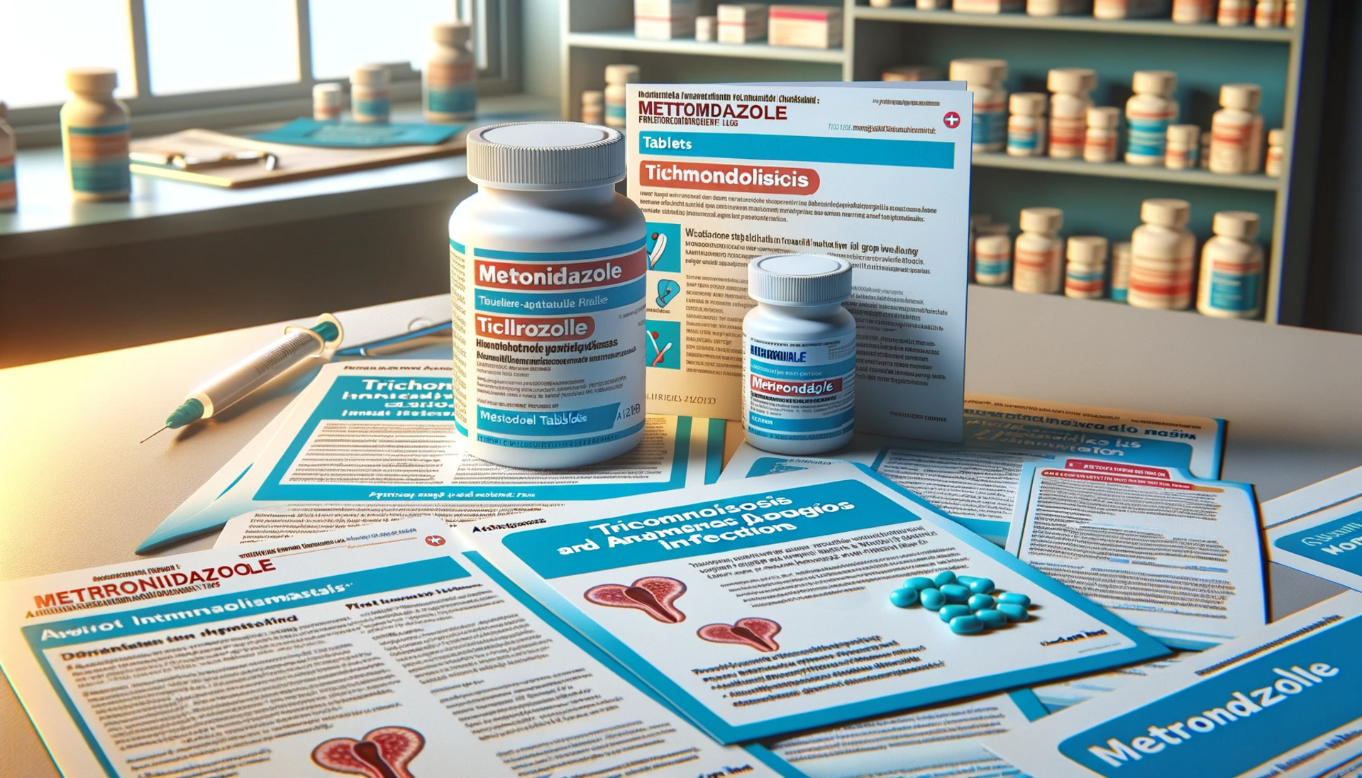 a medical counter with Metronidazole tablets and informational pamphlets about trichomoniasis and anaerobic infections