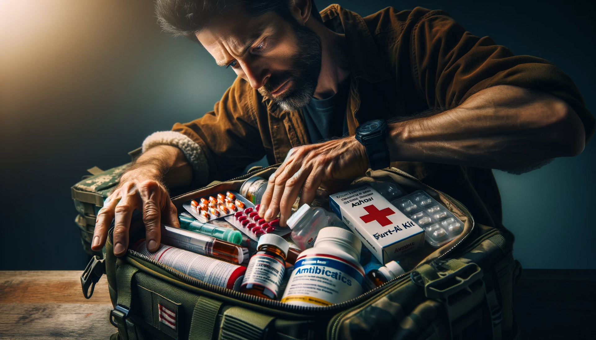 an individual packing a bugout bag with antibiotic medicines, a first-aid kit, and a survival guide, ready for any scenario
