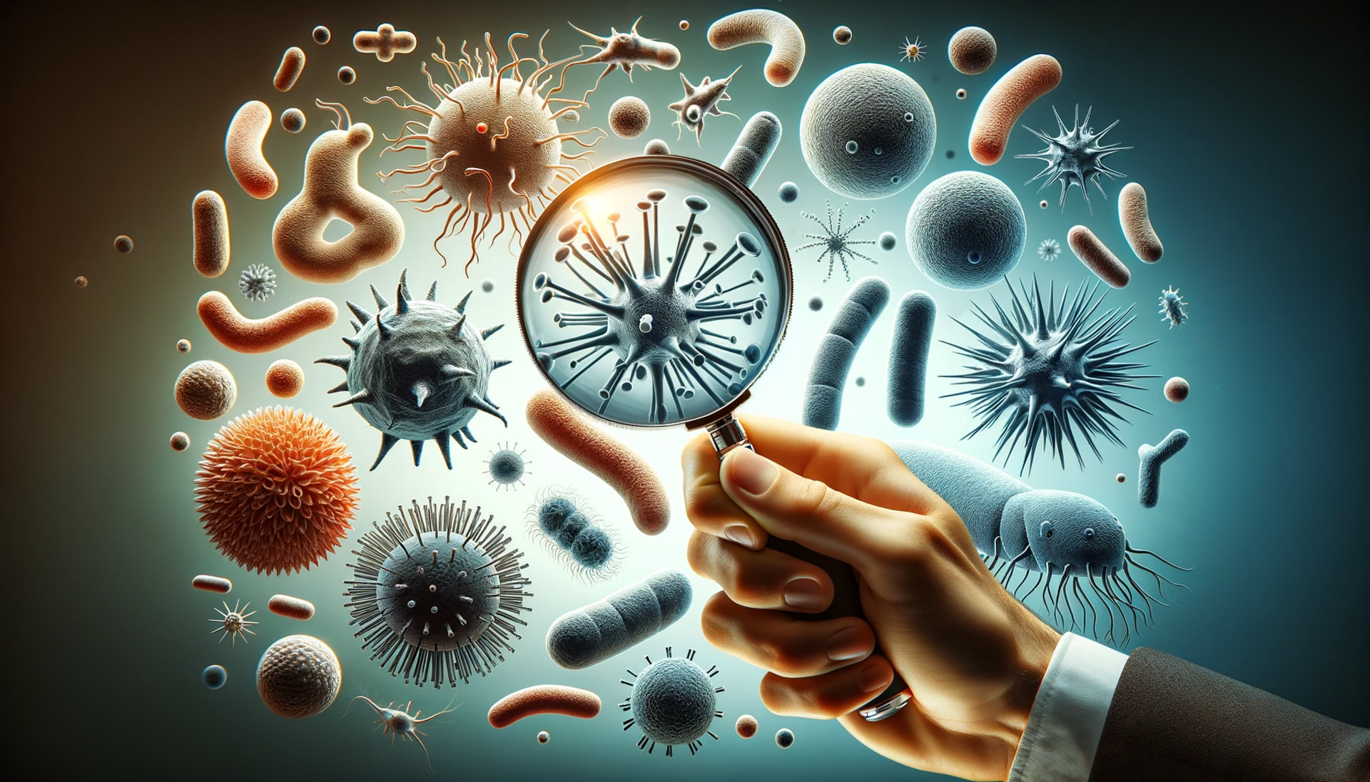  a close-up hand holding a magnifying glass over different bacteria and virus models, symbolizing the differentiation between the two