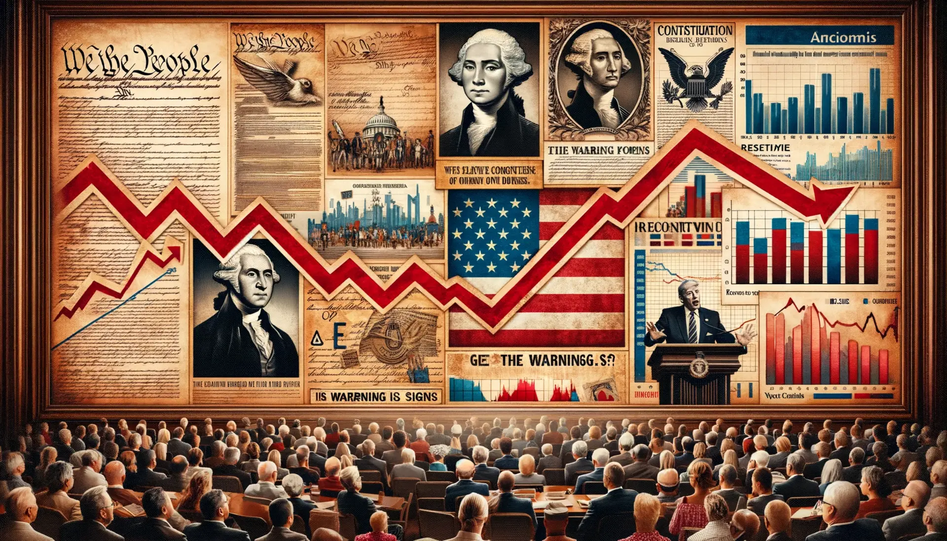 historical American documents, economic graphs in decline, and concerned citizens in public forums