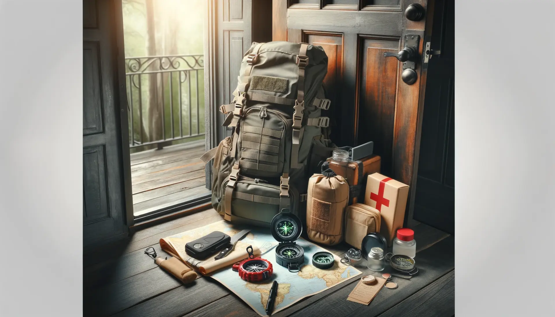 A backpack, map, compass, and essential supplies laid out next to an open door, ready for quick departure.